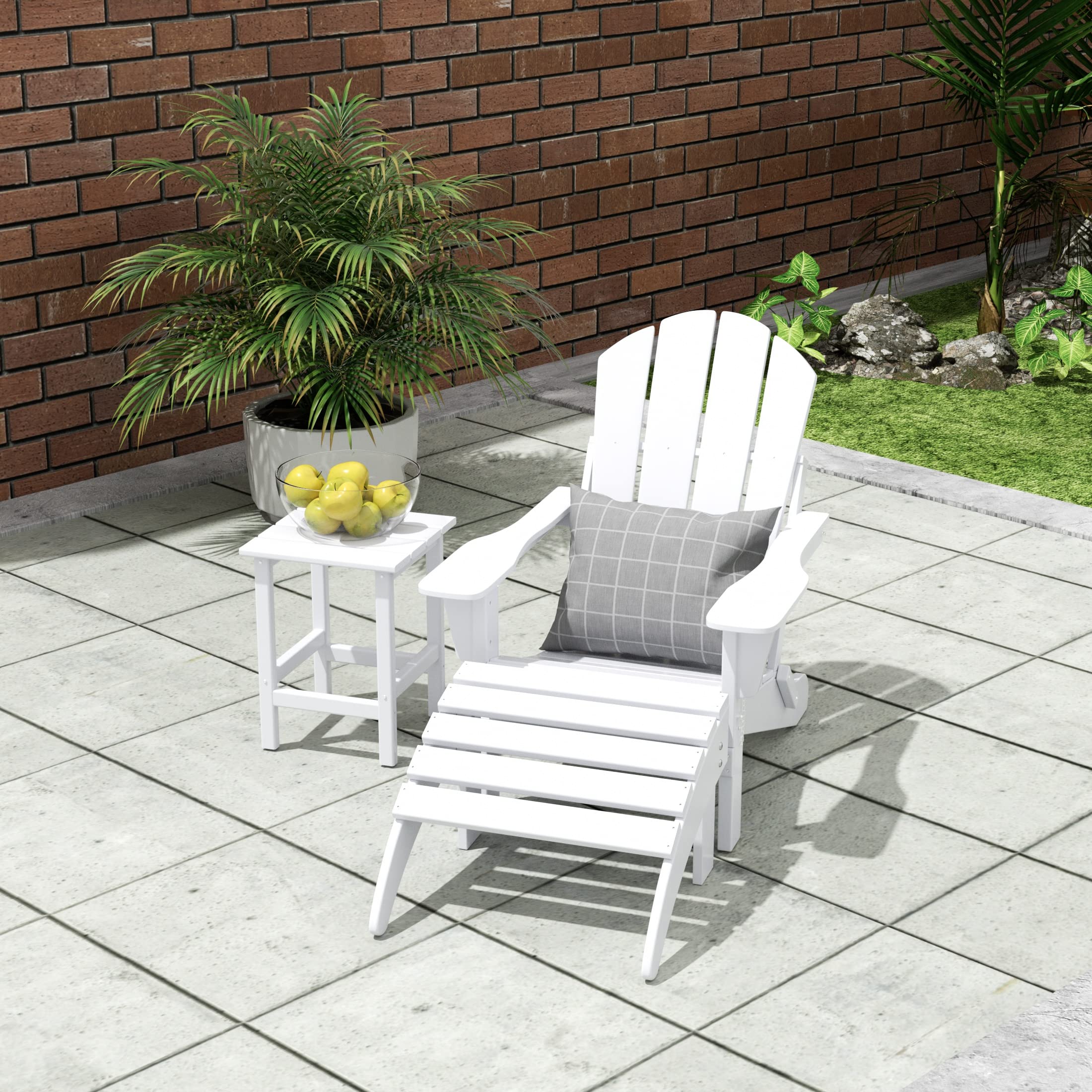 White HDPE Adirondack Chair Set with Ottoman & Table - Outdoor Patio, Garden Furniture