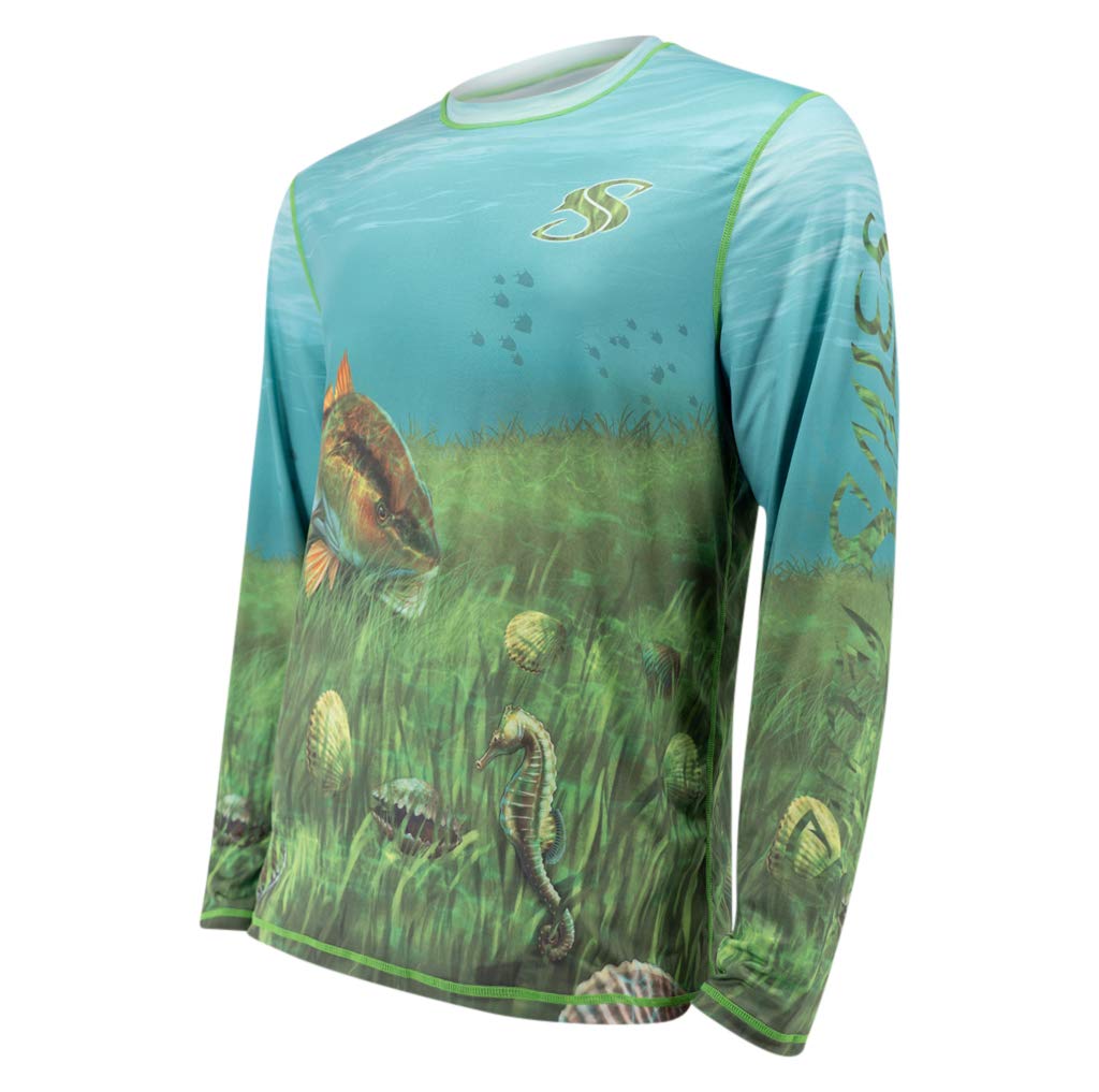 Men's Reversible UPF 50+ Fishing Shirt - Quick Dry Performance Shirt for Snorkeling, Boating & Outdoor Activities | Salty Scales Scallop Design