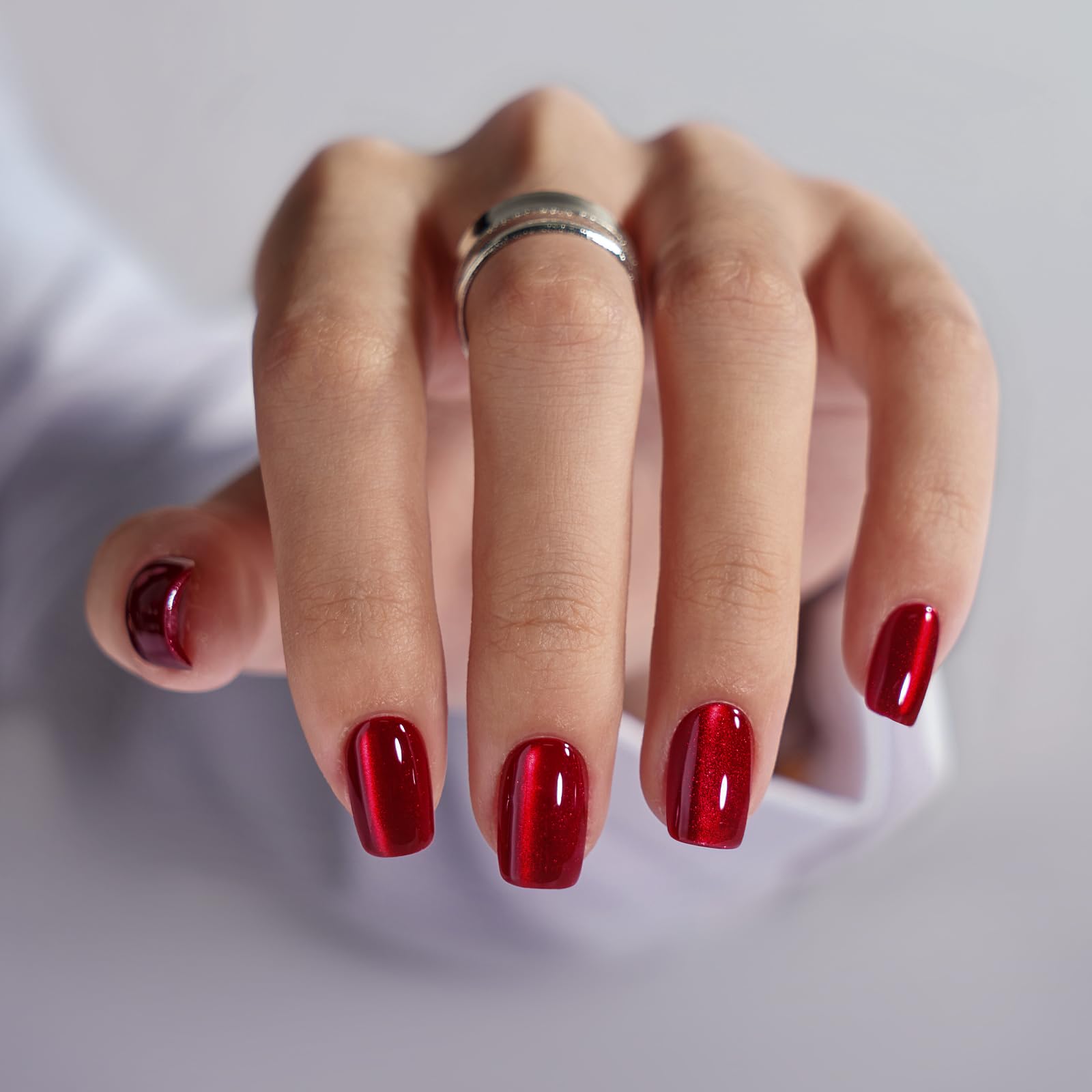 BTArtbox Red Cat Eye Press On Nails - Square Short Fake Nails with Glue, Glossy Reusable Soft Gel Nail Tips (15 Sizes, 30-Piece Kit) for Women, Gifts, Parties, Date Nights & Special Occasions