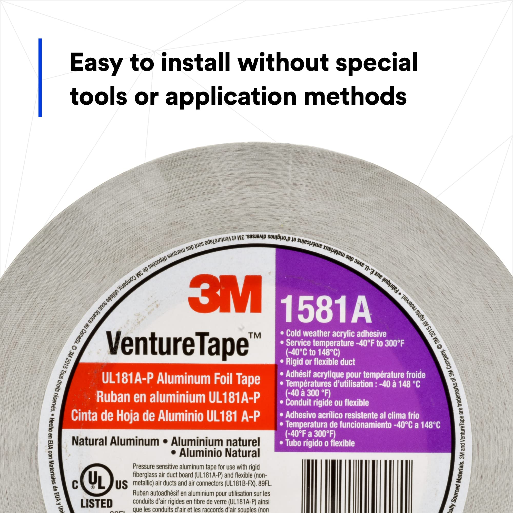 3M Venture Tape UL181A-P Aluminum Foil Tape 1581A - 2.5 in x 60 yd HVAC Duct Sealing Tape for Rigid & Flexible Ducts | Cold Weather Adhesive, Durable 2 Mil Foil Tape | Perfect for HVAC Systems, Air Duct Repairs & Insulation Projects