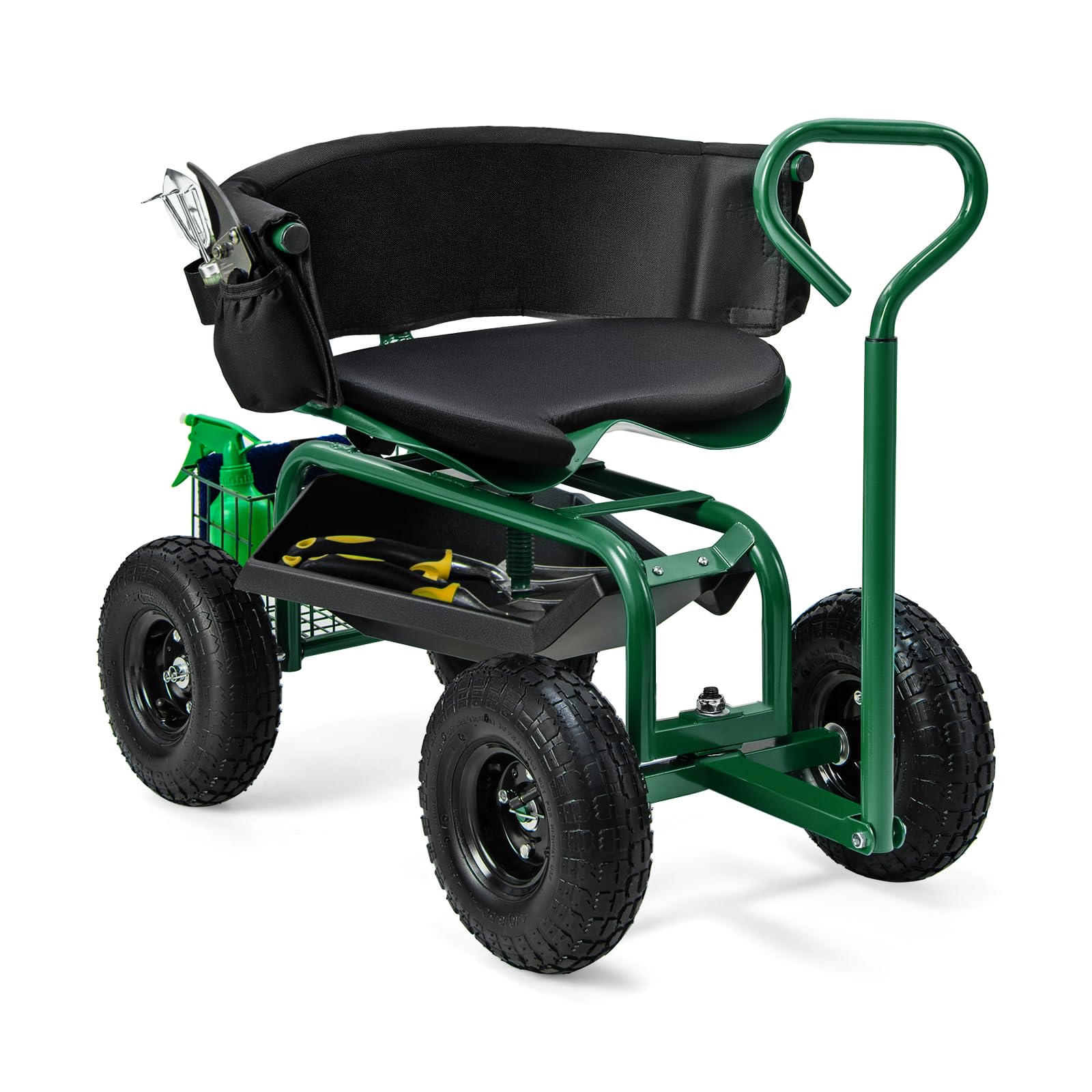 **Goplus Adjustable 360° Swivel Garden Seat with Wheels - Rolling Gardening Stool with Tool Tray, Storage Basket & Extendable Handle - Outdoor Gardening Scooter for Seniors & Adults - Perfect for Planting, Weeding & Yard Work**