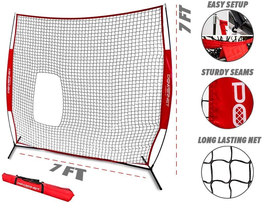 PowerNet 7x7 ft Baseball Softball Practice Net with Pitch Thru Protection - Durable Backstop for Backyard, Field Training & Batting Cage Use
