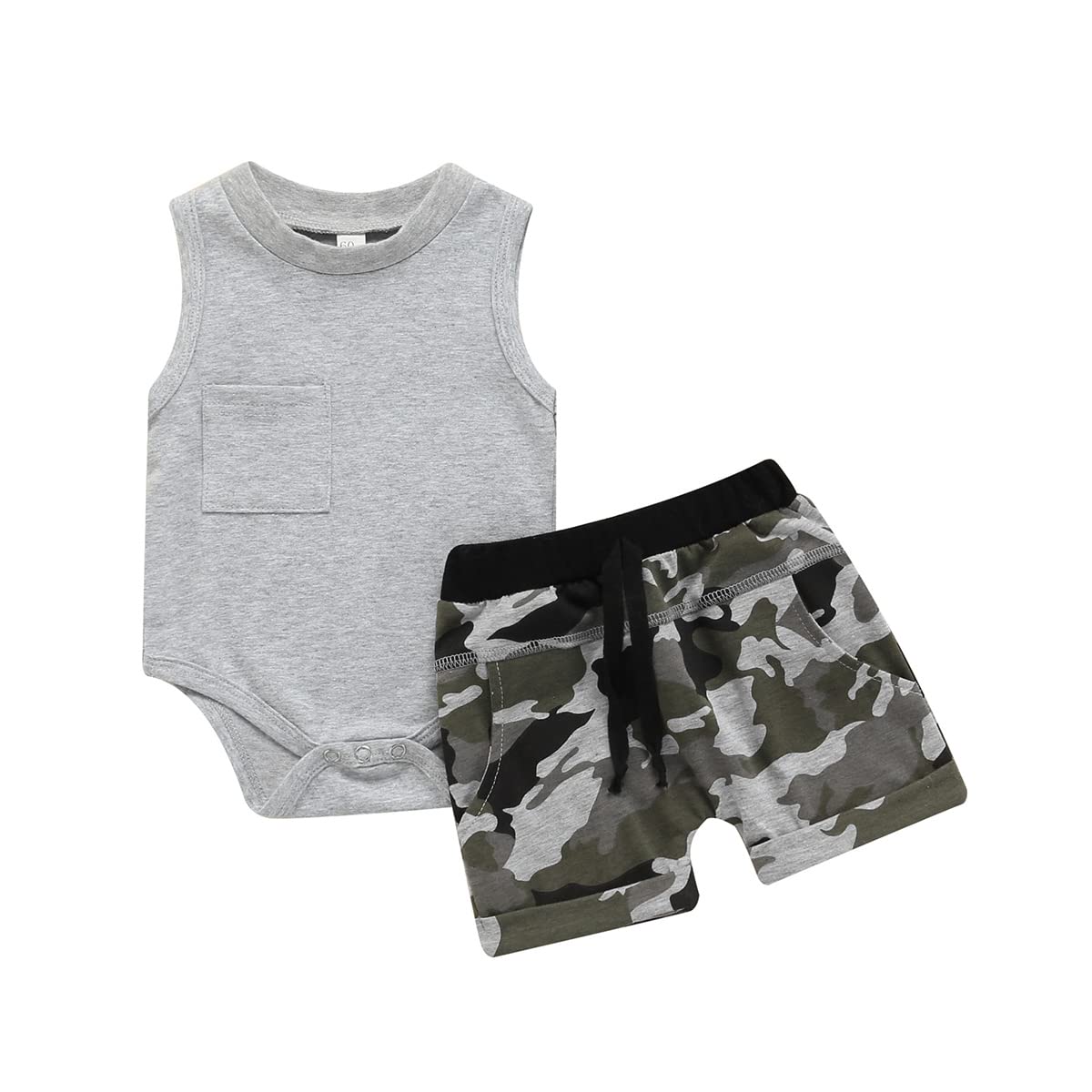 Twopumpkin Newborn Baby Boys 2-Piece Outfit - Sleeveless Romper & Camouflage Shorts Set | Summer Casual Clothes for Boys | Perfect for Playtime, Beach Trips & Family Outings