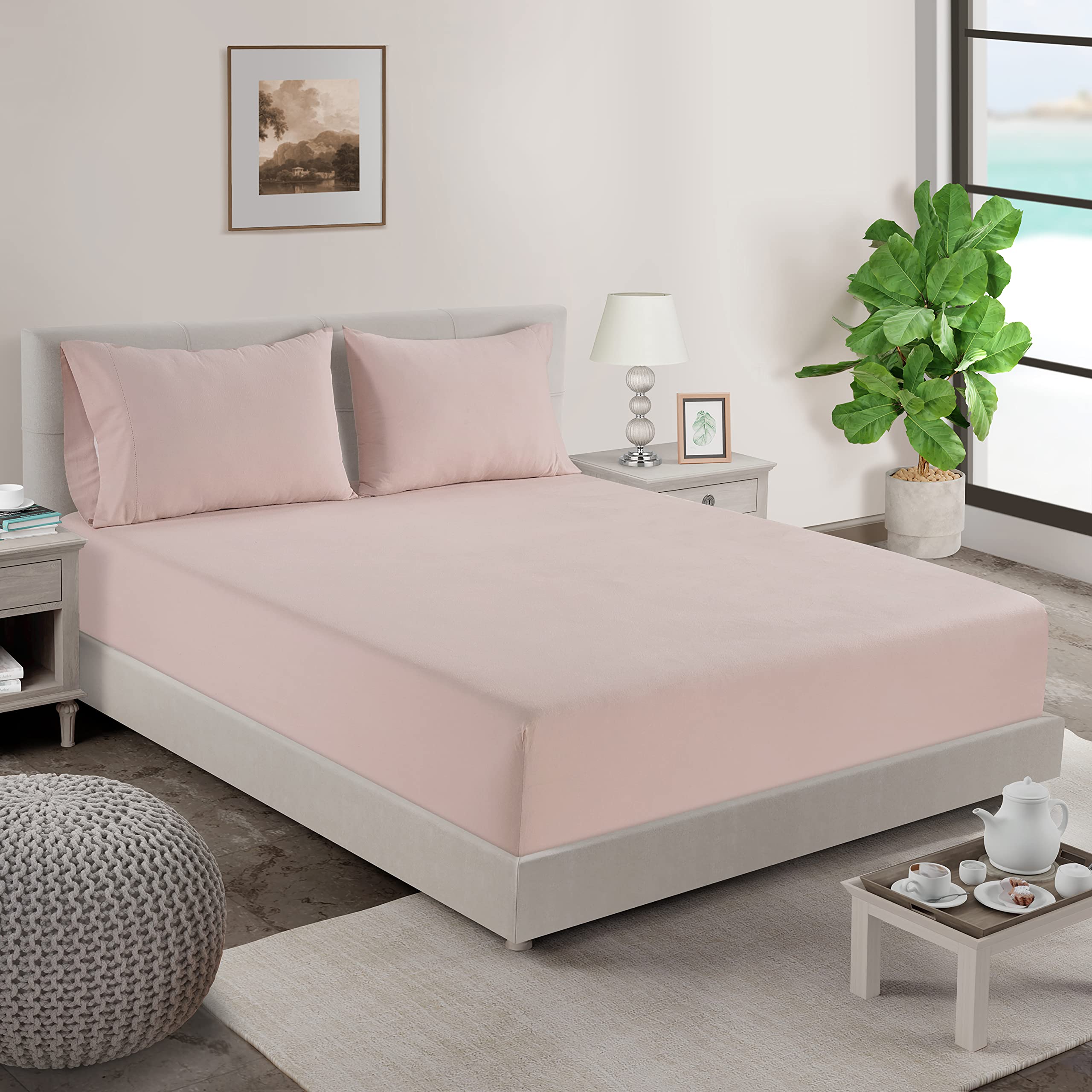 100% Organic Cotton Queen Size Fitted Sheet - Soft, Breathable & Eco-Friendly - Fully Elasticized with French Seams for Secure Fit - Perfect for Bedrooms, Guest Rooms & Vacation Homes - Includes Matching Pillowcases (Sepia Rose)