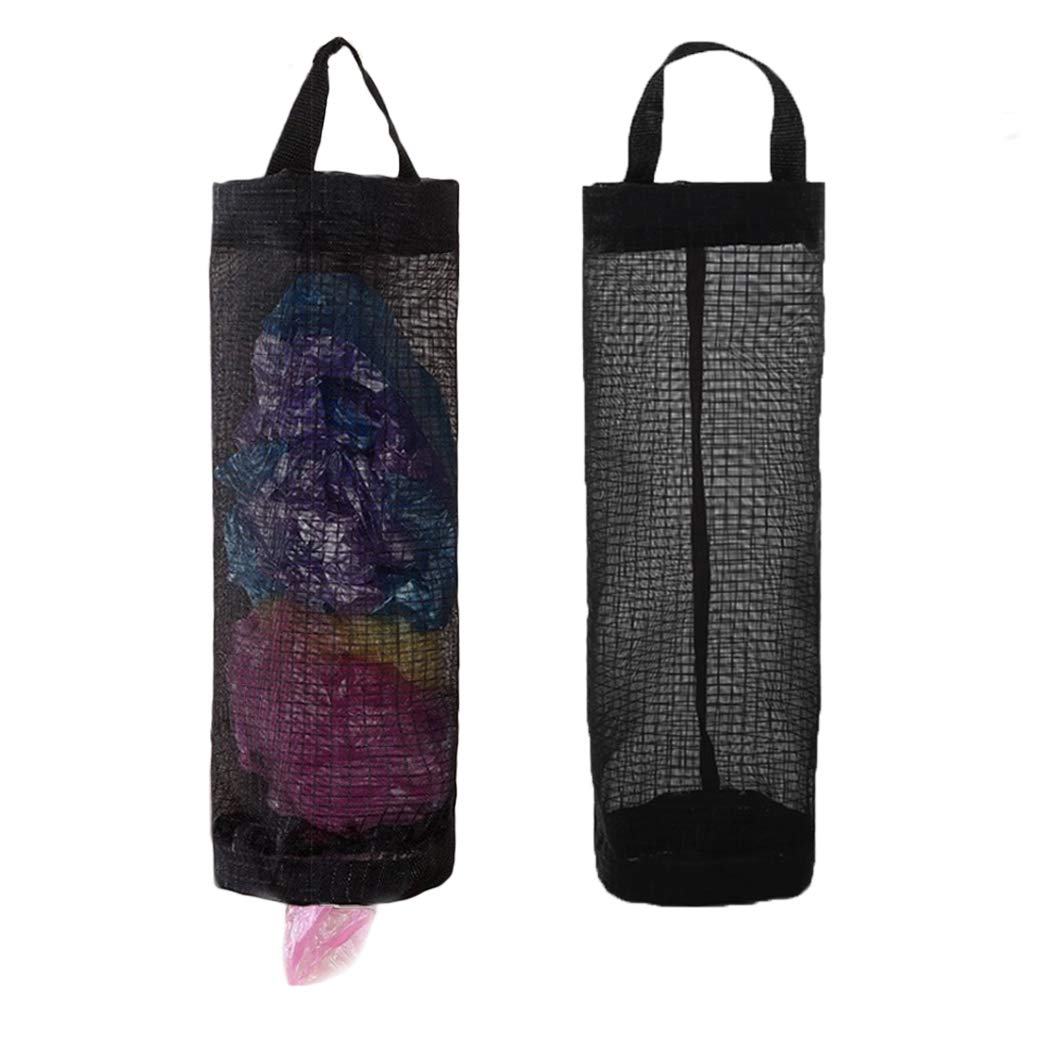 Plastic Bag Holder - Mesh Grocery Bag Dispenser with Hanging Storage (2 Pack, Black) | Perfect for Kitchen, Pantry & Garage Organization
