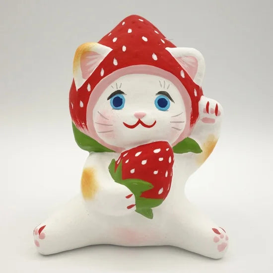 Nagahama Doll Japanese Maneki Neko (Beckoning Cat) Lucky Charm - Strawberry Design, Traditional Japanese Fortune Cat Figurine for Home Decor, Office Feng Shui & Gift Giving