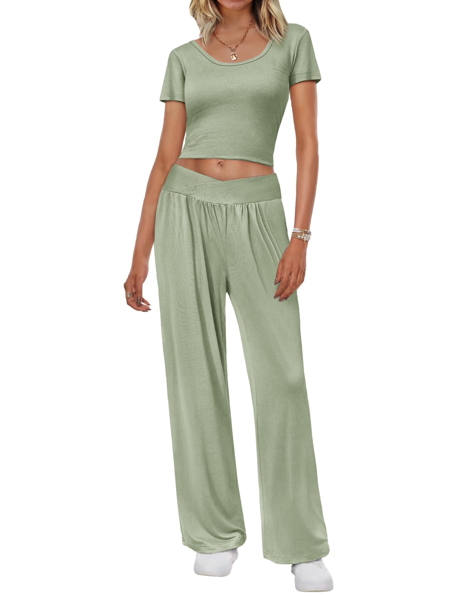 Ekouaer Women's 2-Piece Summer Lounge Set - Comfy Square Neck Short Sleeve Top & Wide Leg Pants with Pockets | Casual Outfits for Home, Travel & Relaxation