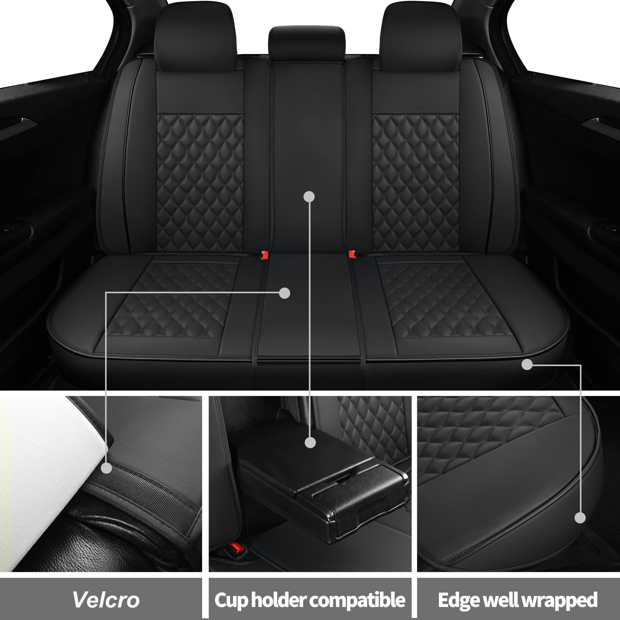 Premium Universal Leather Car Seat Covers Full Set - Faux Leather Auto Seat Protectors for Most Cars, SUVs, Sedans & Trucks (5-Passenger, Black) | Perfect for Daily Commute, Road Trips & Family Travel