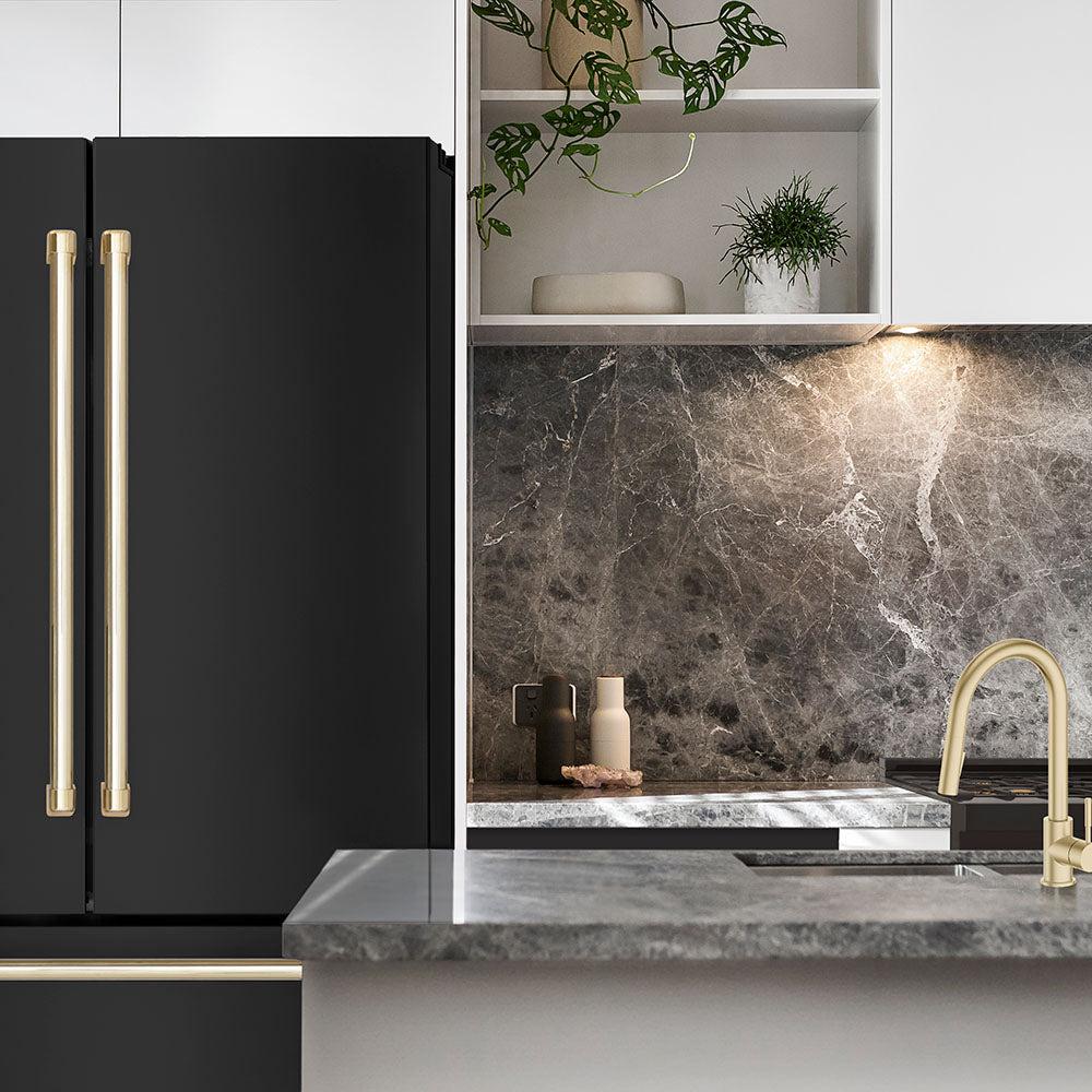 ZLINE Autograph Edition 36 Inch Counter Depth French Door Refrigerator - 22.5 cu ft Capacity, Fingerprint Resistant Black Stainless Steel with Polished Gold Handles, Built-in Ice Maker (RFMZ 36 BS G) - Perfect for Modern Kitchens, Open Concept Homes & Luxury Appliances Collection