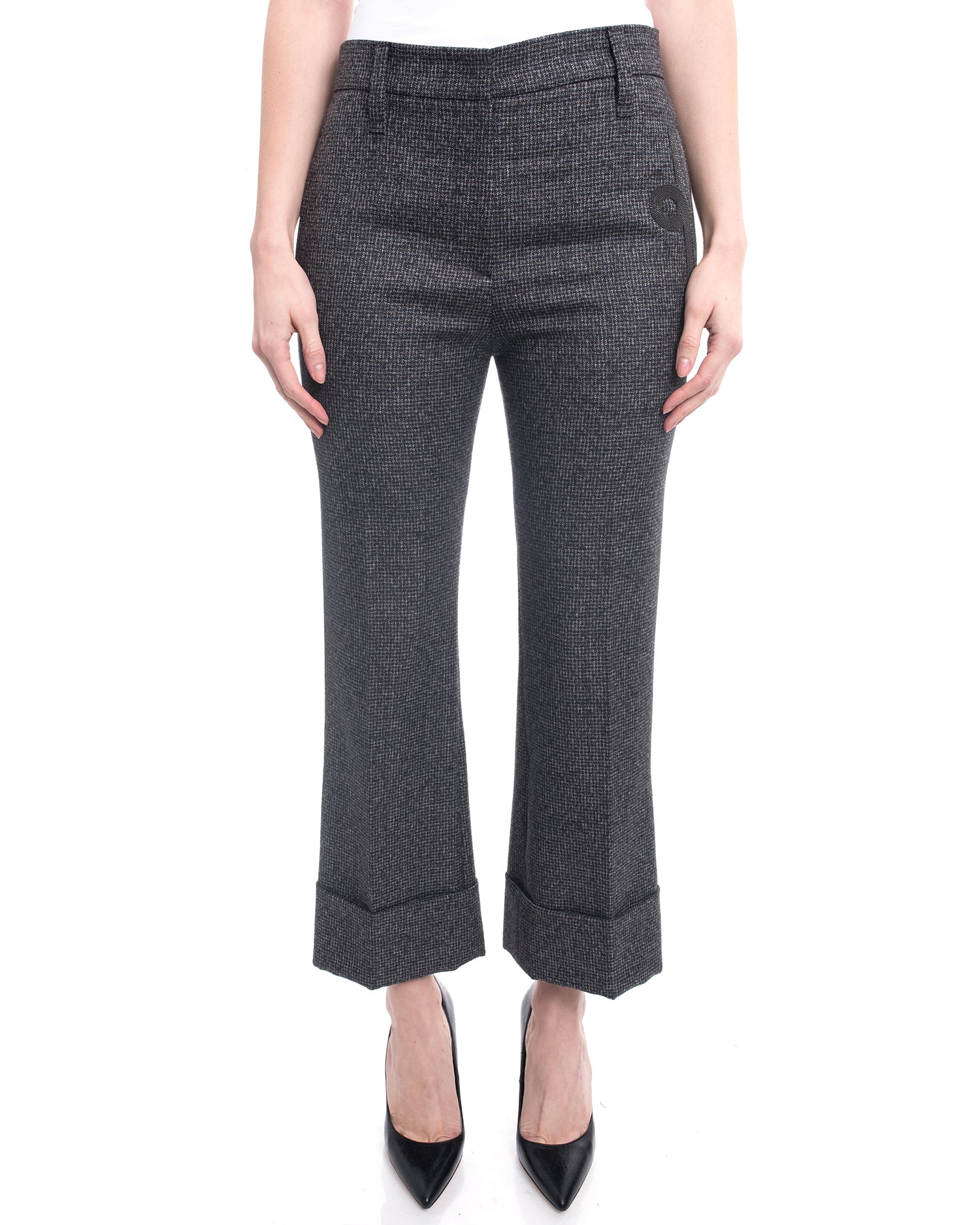 Brunello Cucinelli Men's Checkered Wool Trousers with Bead Detail - Brown & Grey Plaid Dress Pants for Business Casual & Office Wear