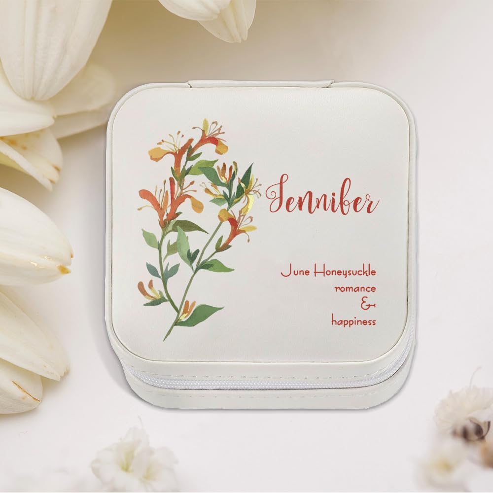 Personalized Leather Jewelry Box for Women - Engraved Name & Birth Flower Travel Jewelry Organizer, Bridesmaid Gift, Mom Birthday Gift - Elegant White Jewelry Storage Case (Perfect for Travel, Bridal Shower, Mother's Day & Special Occasions)