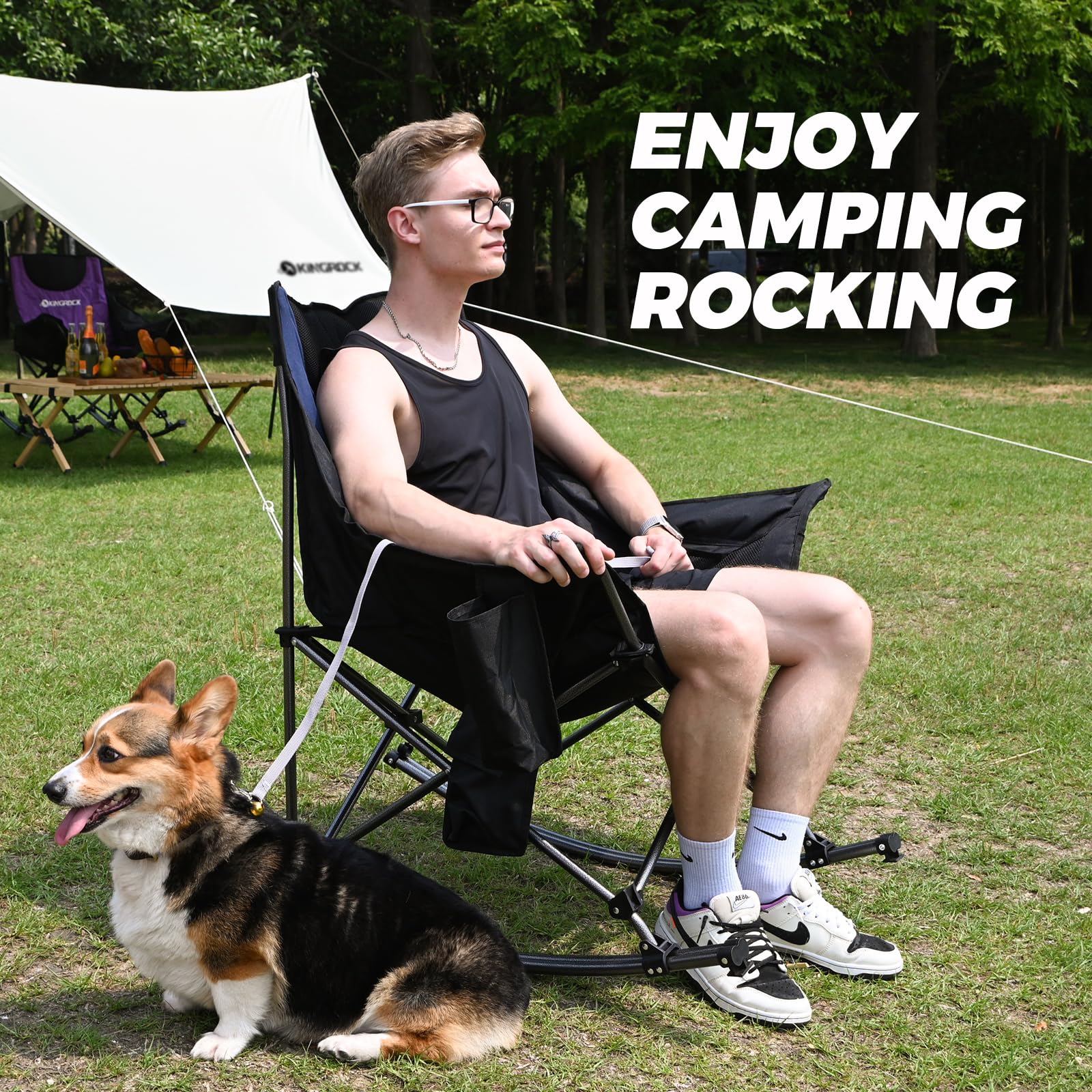 KINGROCK Oversized Folding Rocking Camping Chair with Pillow, Cup Holder & Storage Pocket - Portable Recliner for Outdoor Travel, Sports, Games, Beach, Backyard & Patio Relaxation