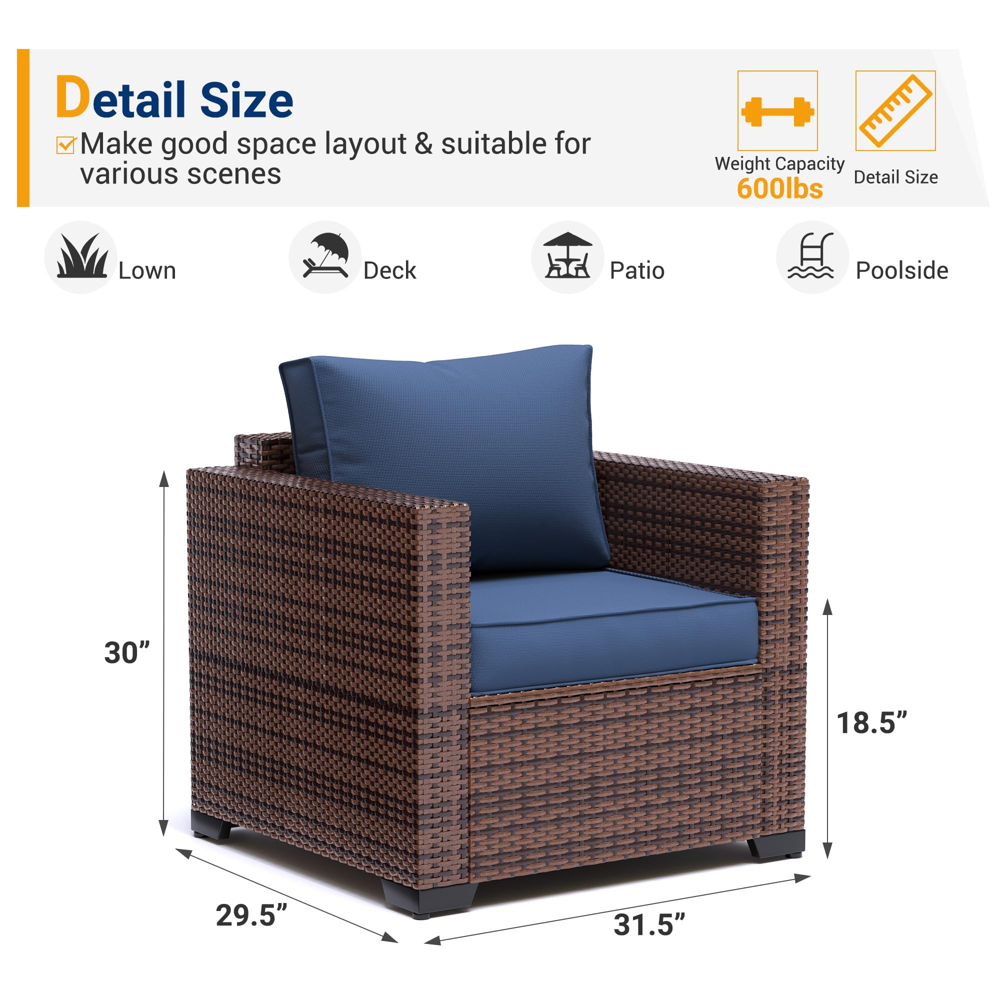UDPATIO All-Weather Wicker Single Sofa - Outdoor Rattan Sectional Couch with Non-Slip Cushion, Deep Seating & High Back - Perfect for Patio, Garden, Poolside or Balcony Relaxation