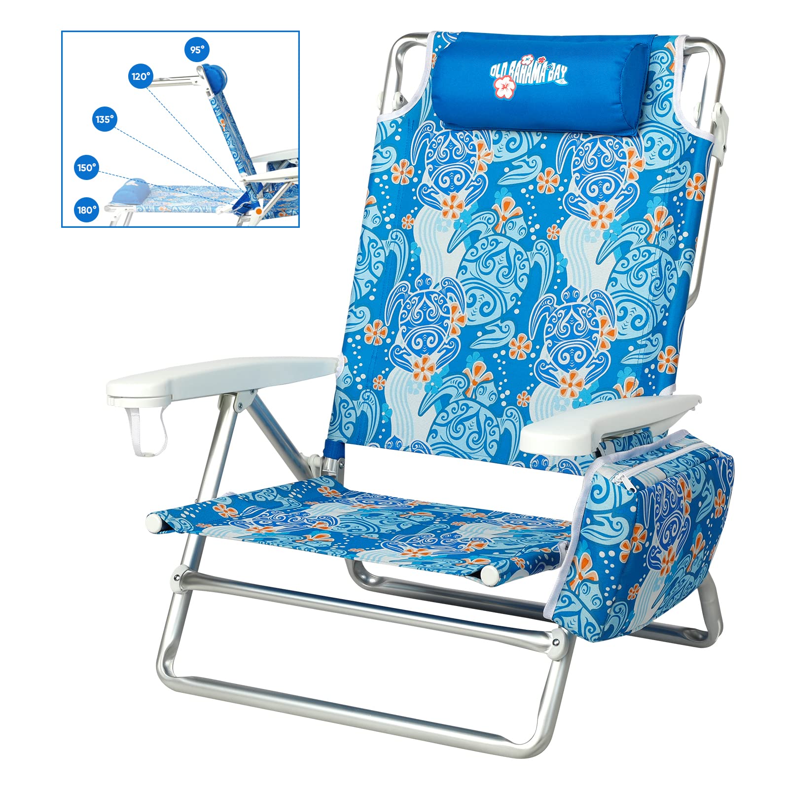 5-Position Reclining Beach Chair with Cooler Bag - Heavy Duty Portable Folding Lounge Chair for Adults, Lightweight Camping Chair for Outdoor, Beach, Sand, Park & Backyard Relaxation