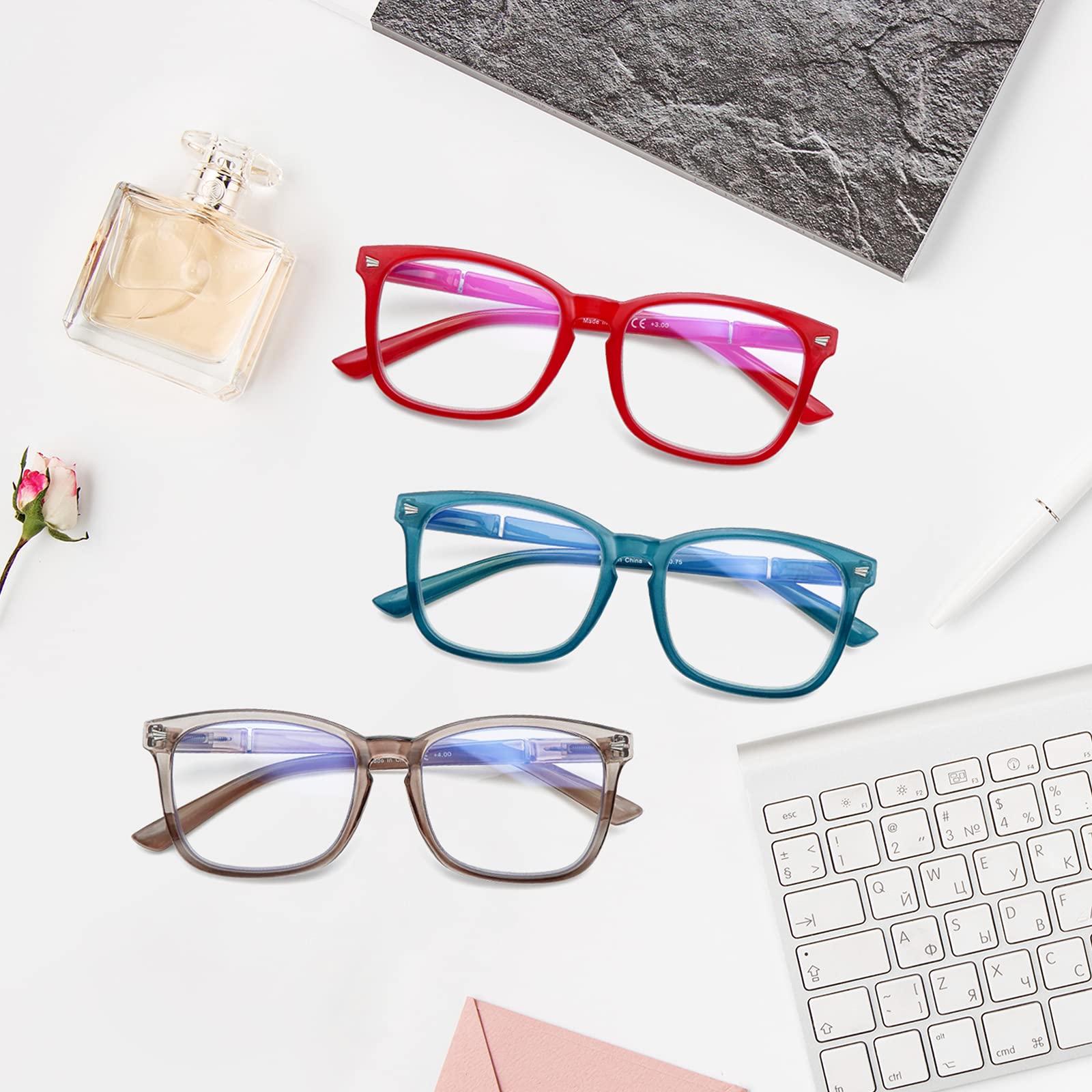 5 Pack Blue Light Blocking Reading Glasses - Anti UV Square Computer Glasses for Women & Men, Fashionable Nerd Eyewear (5C A, 3.0 Magnification) - Perfect for Office Work, Screen Time & Reading Comfort