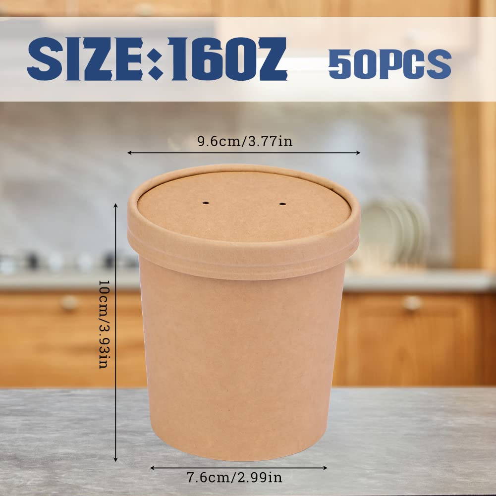16 oz 50 Pack Disposable Paper Soup Containers with Lids - Leak Proof Food Storage Cups for Restaurants, Takeout, Catering, Ice Cream, Salads & Meal Prep - Eco-Friendly To-Go Containers for Hot/Cold Foods