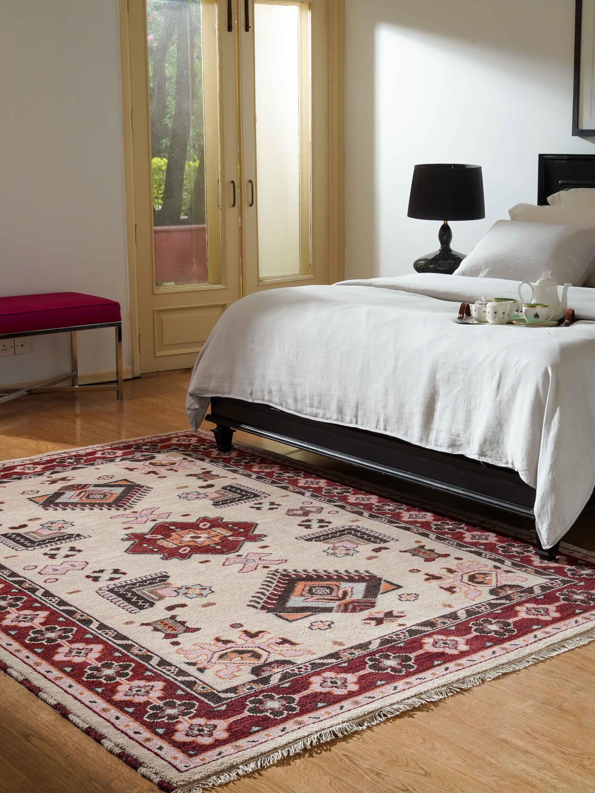 Hand Knotted Wool & Silk Eco-Friendly Oriental Area Rug 5'x8' Rectangle - Cream & Red Traditional Design, Medium Pile Handmade Rug (AF0121) for Living Room, Bedroom & Home Decor