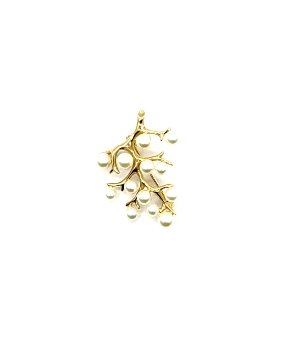 14K Yellow Gold White Pearl Branch Brooch Pin - Elegant Vintage Pearl Floral Jewelry for Women - Perfect for Weddings, Parties & Special Occasions