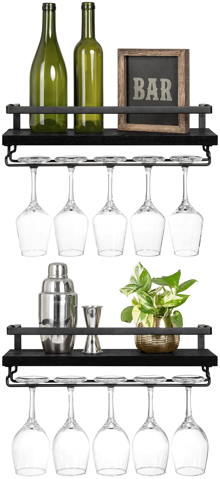 Mkono Wall Mounted Wine Rack Set of 2 - Rustic Wood Floating Shelves with Stemware Hanger for Wine Bottles & Glasses - Modern Kitchen, Dining Room, Bar Decor - Perfect for Wine Display, Plant Decor & Photo Frames (Black)