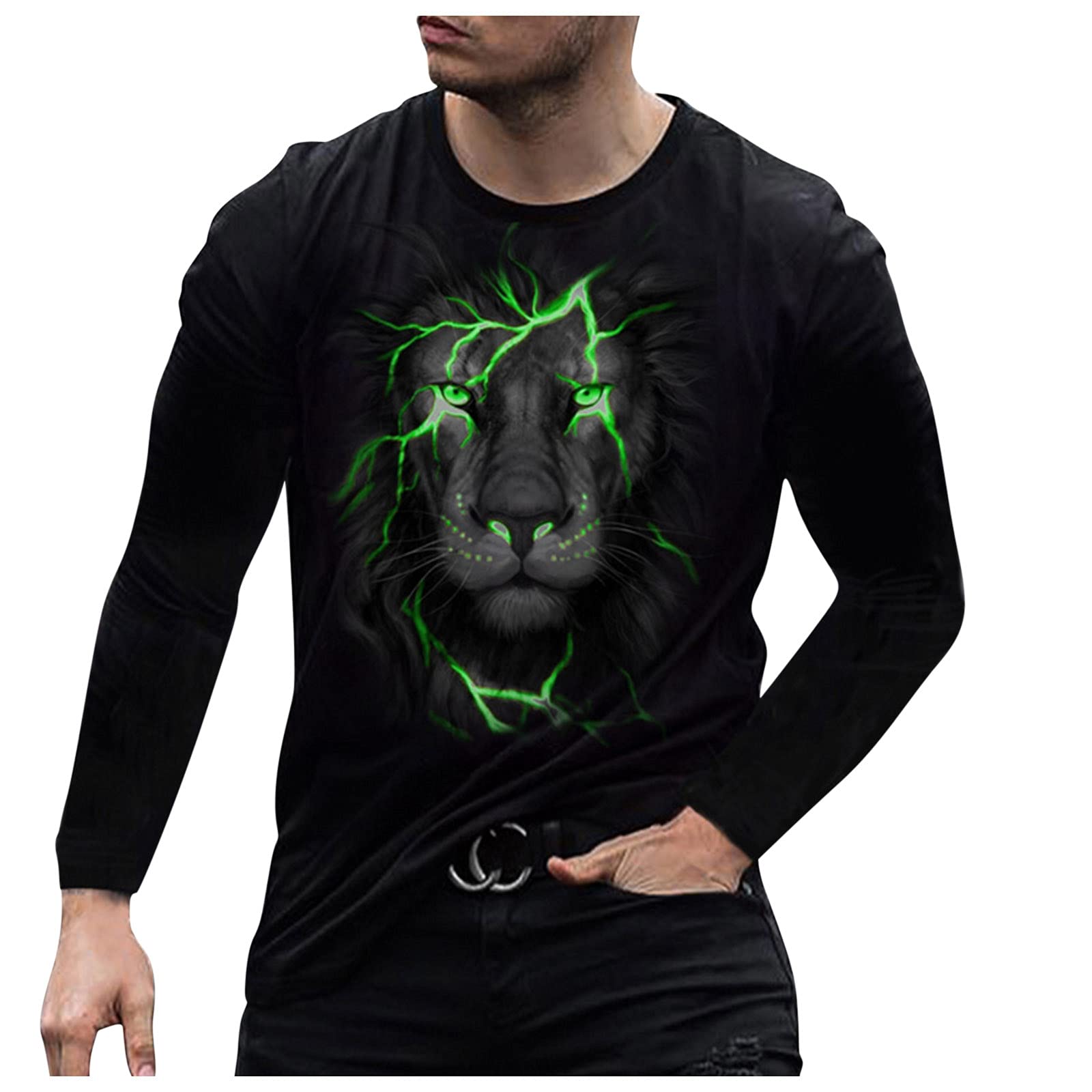 BEUU Men's 3D Lion Wolf Print Long Sleeve T-Shirt - Athletic Workout Gym Hiking Sweatshirt for Outdoor Sports & Casual Fashion Wear