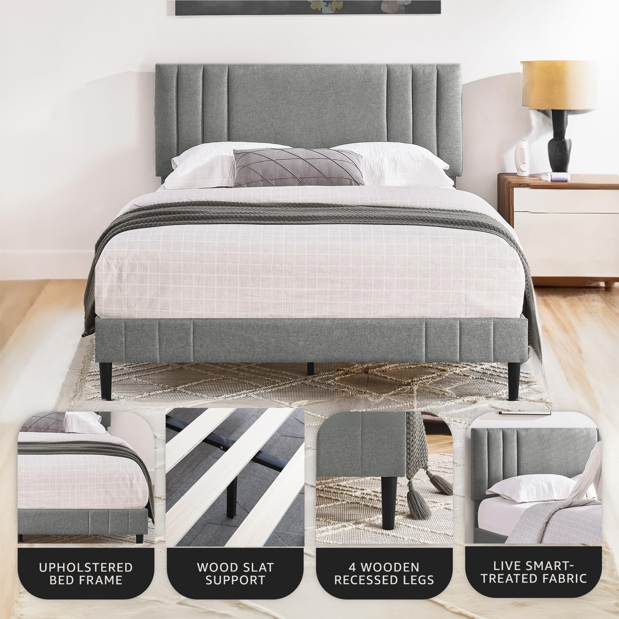 Modern Tufted Upholstered King Size Bed Frame with Platform - Grey Fabric Headboard for Master Bedroom | Chicago Inspired Luxury Bedroom Furniture for Home Decor