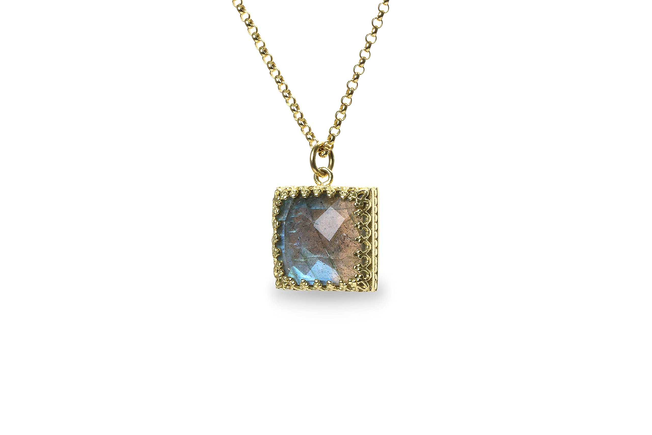 Labradorite Pendant Necklace for Women - 14k Gold Square Statement Jewelry, Handmade Anemone Design for Everyday Wear, Wedding & Layering | Elegant Gift for Her, Perfect for Office, Date Night & Special Occasions