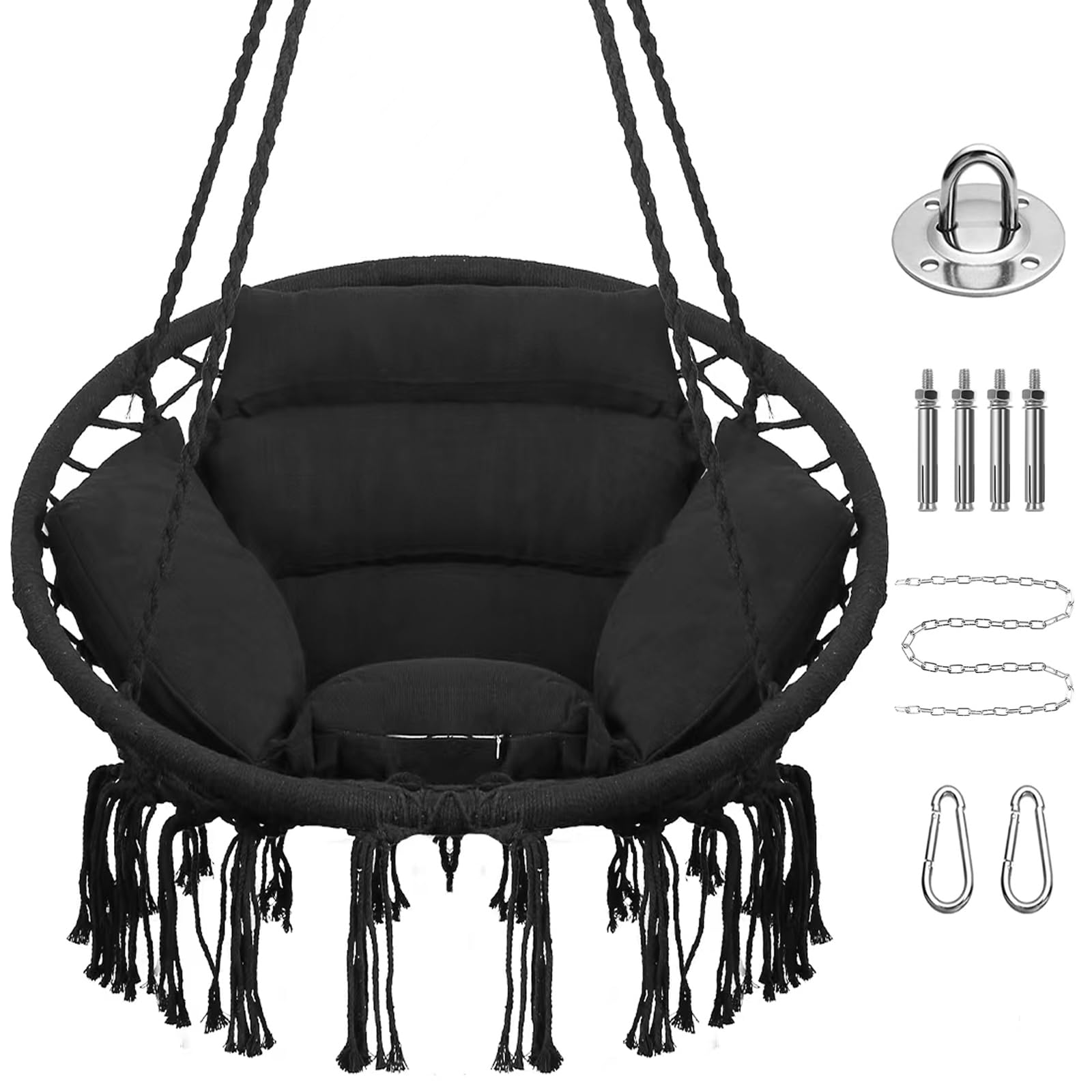 Goutime Macrame Boho Hammock Chair with Hanging Hardware Kit & Back Cushion - Indoor Outdoor Swing Chair for Bedroom, Patio, Garden, Balcony (Black) - Perfect for Relaxing, Reading & Decor