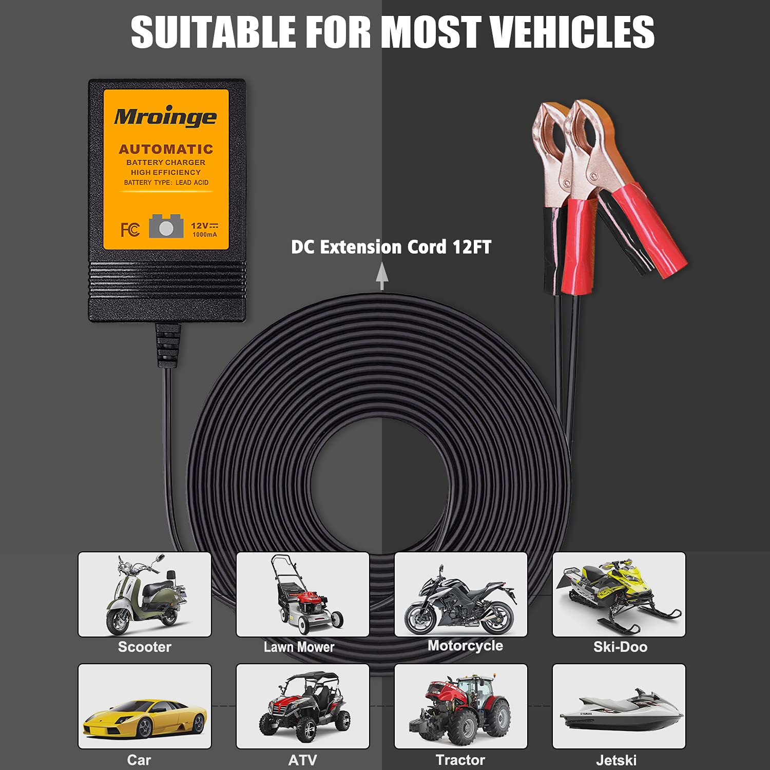12V 1000mA Smart Trickle Battery Charger & Maintainer - Automatic Float Charger for Motorcycle, ATV, Lawn Mower, Boat, RV - Ideal for Winter Storage & Long-Term Battery Maintenance