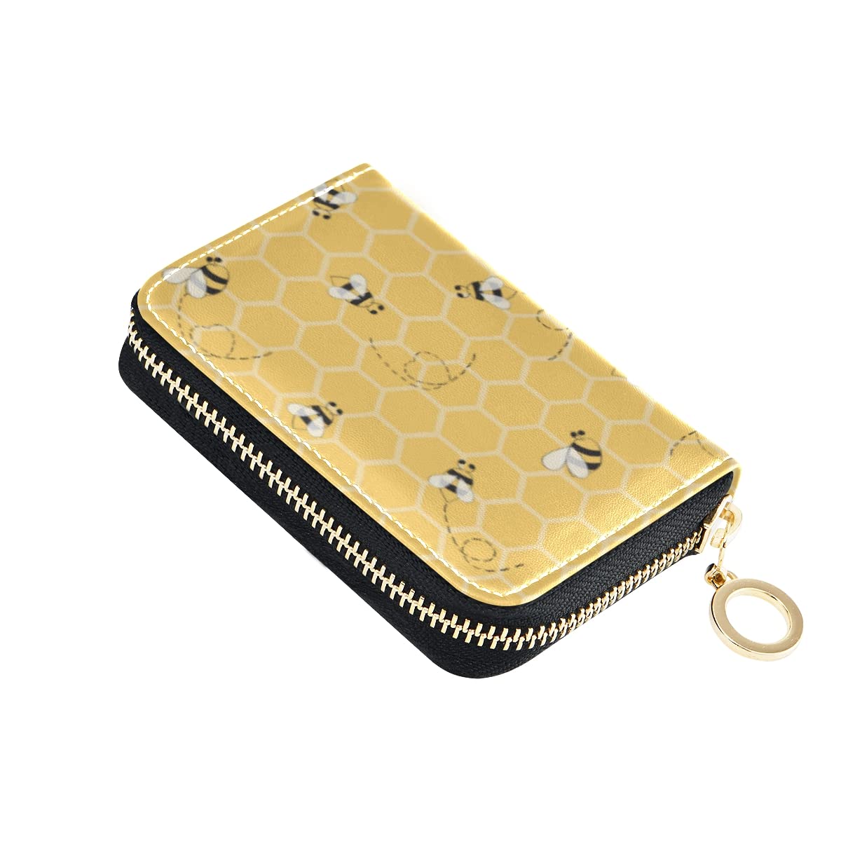 Cute Yellow Bee Honeycomb RFID Blocking Leather Wallet for Women - Credit Card Holder with Zipper Pocket & Coin Purse - Perfect for Travel, Shopping and Daily Use