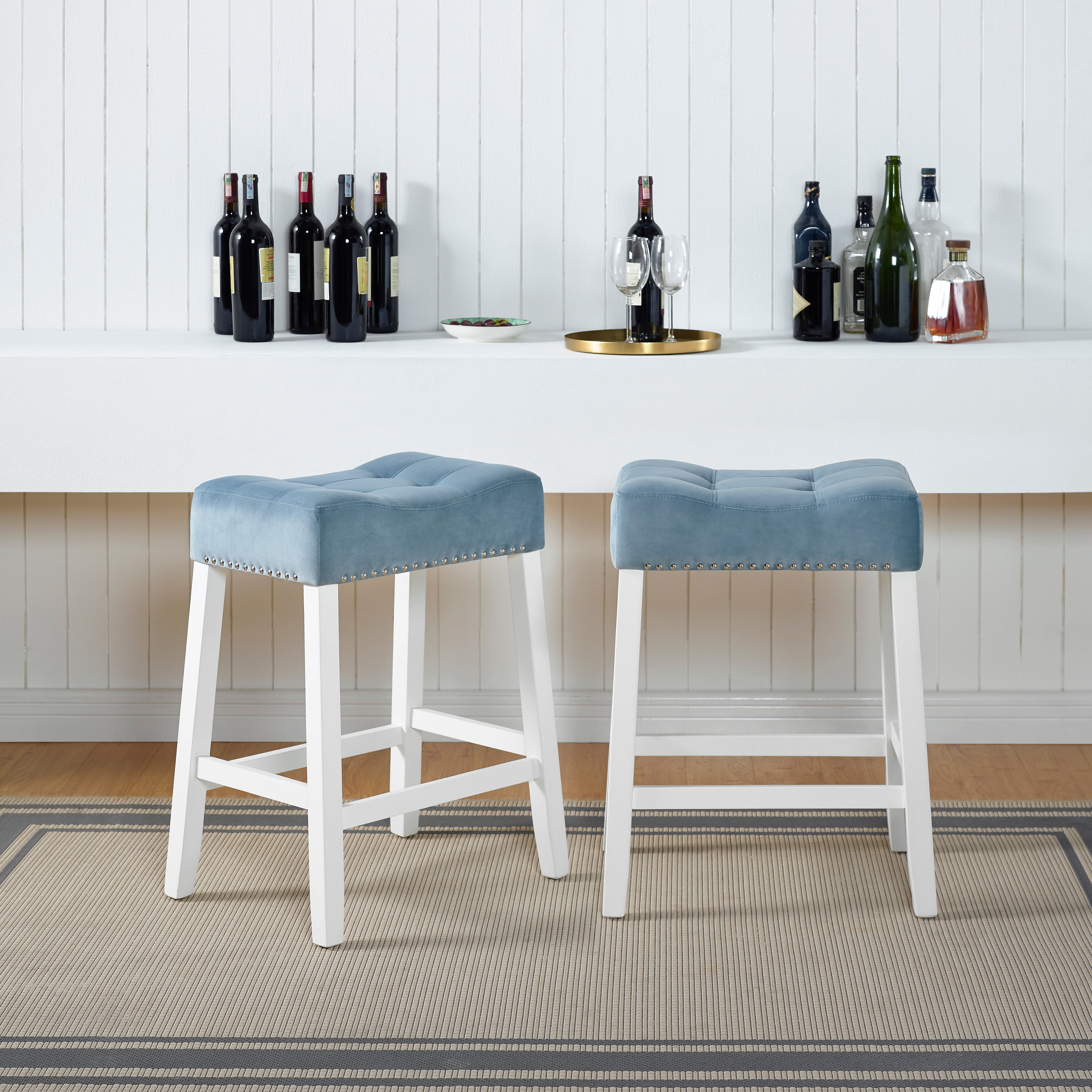 Roundhill Furniture Morovo Set of 2 Velvet Counter Height Bar Stools with Tufted Saddle Seats - White Wash Finish & Blue Velvet Upholstery - Perfect for Kitchen Islands, Breakfast Bars & Home Decor