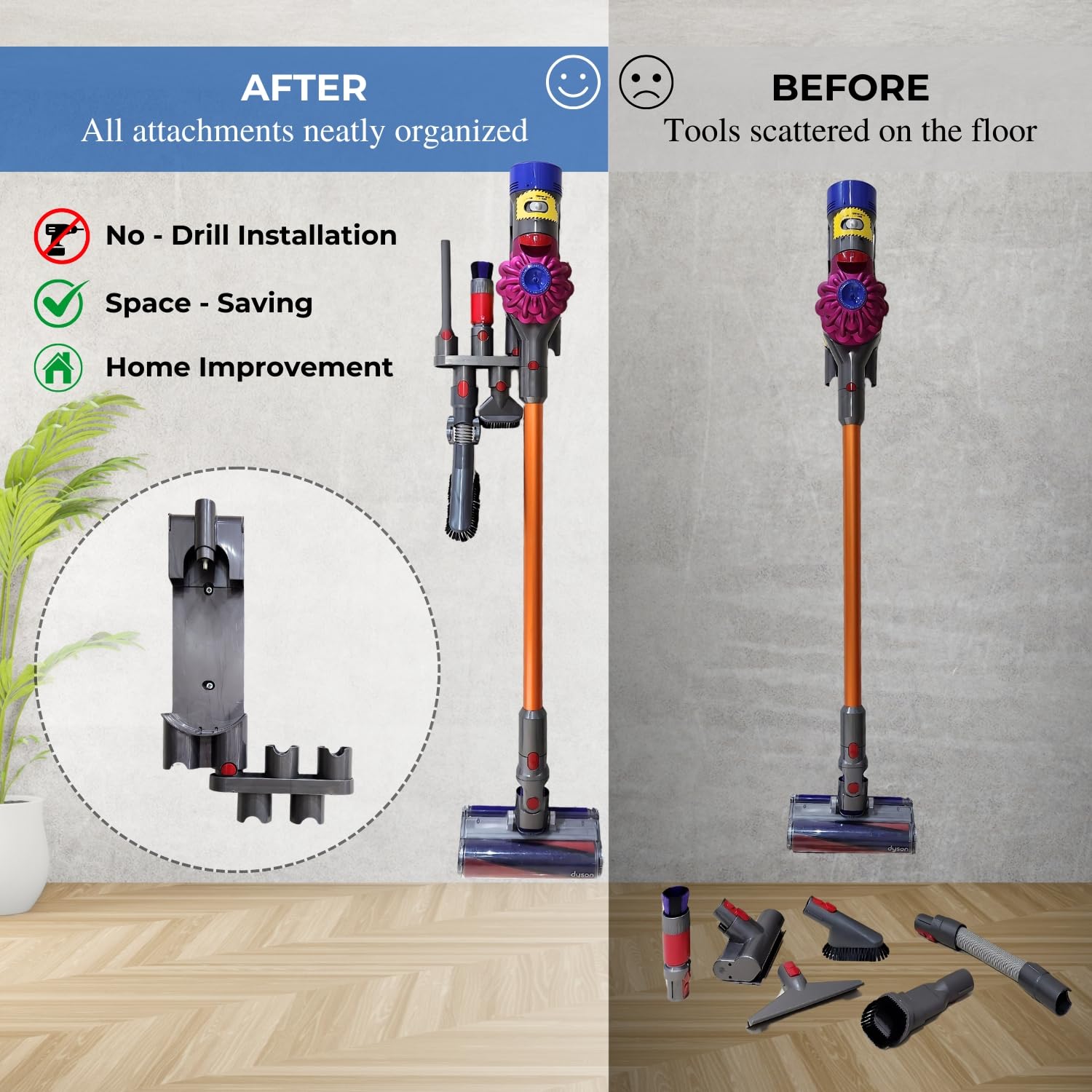 Dyson Vacuum Attachment Holder - Compatible with V15, V12, V11, V10, V8, V7, Outsize & Gen5 Cordless Stick Models - No Drill Wall Mount Organizer - Perfect for Garage, Closet & Laundry Room Storage