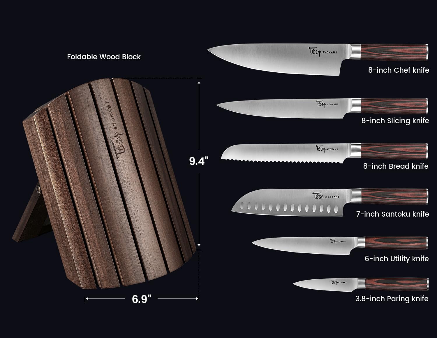 Premium 7-Piece Japanese Style Kitchen Knife Set - High Carbon Stainless Steel Blades with Anti-Slip Ergonomic Handles & Foldable Magnetic Acacia Wood Block - Professional Chef Knives for Meat, Vegetables, Sushi - Perfect Gift for Home Cooks and Culinary Enthusiasts