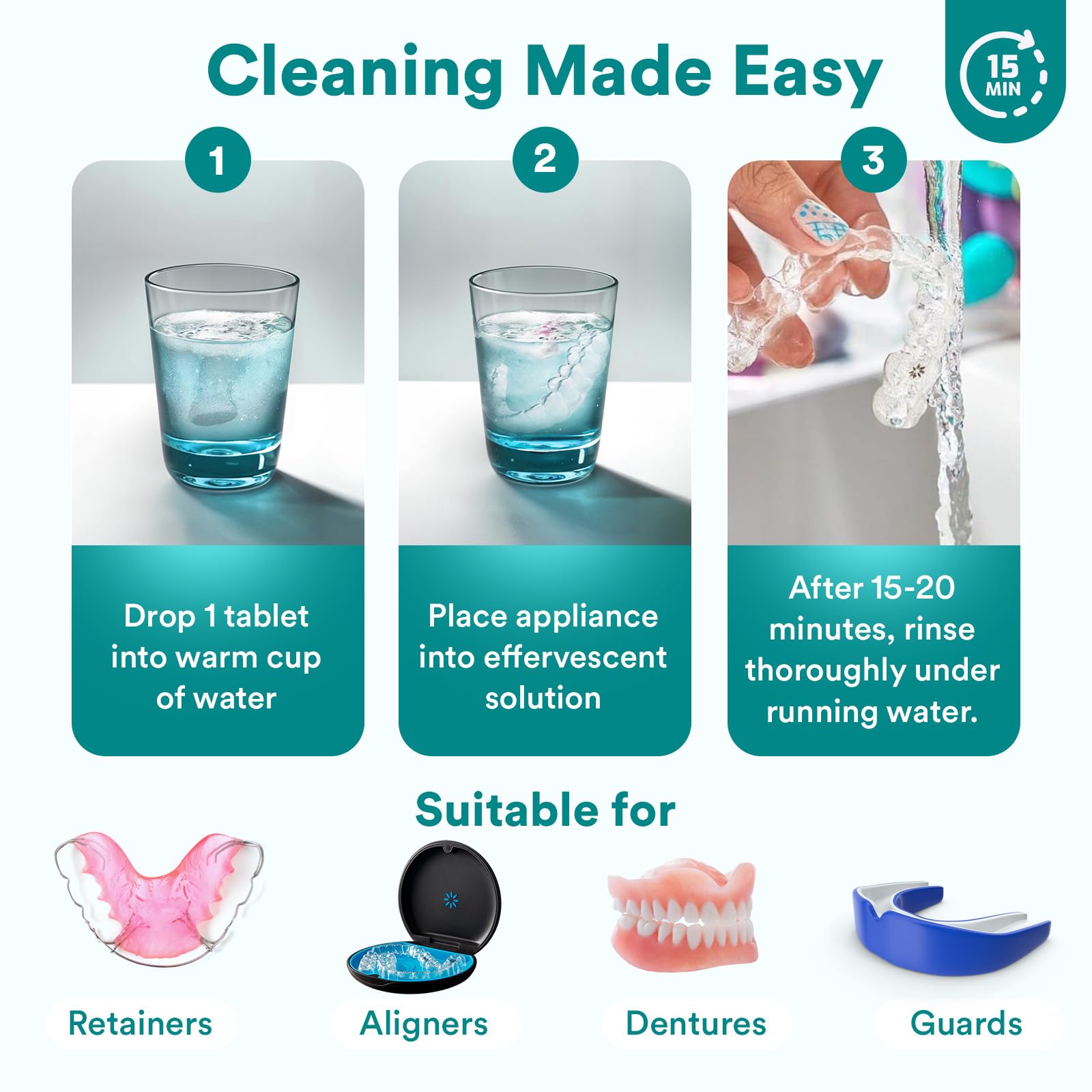 Weiss Naturals Retainer Cleaner Tablets - Invisalign & Night Guard Cleaner, Remove Stains, Odors & Plaque, FSA/HSA Eligible, PERSULFATE Free Denture Cleaner, 120 Mint Scented Tablets (4-Month Supply) - Perfect for Clear Aligners, Retainers & Dental Appliances