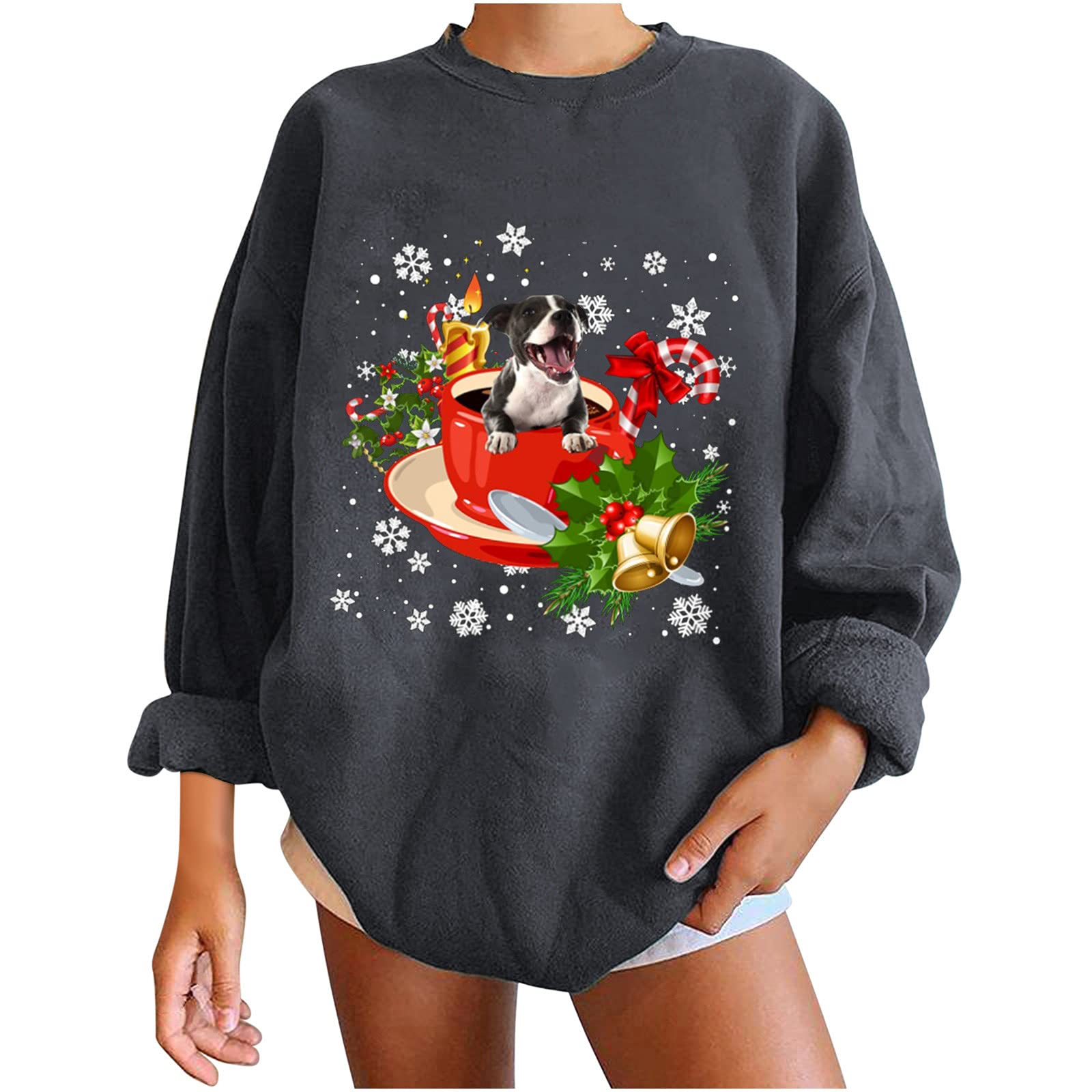 Women's Christmas Cute Dog Graphic Sweatshirt - Soft Crewneck Long Sleeve Pullover Top - Cozy Loose Blouse for Holiday Parties & Casual Winter Outfits