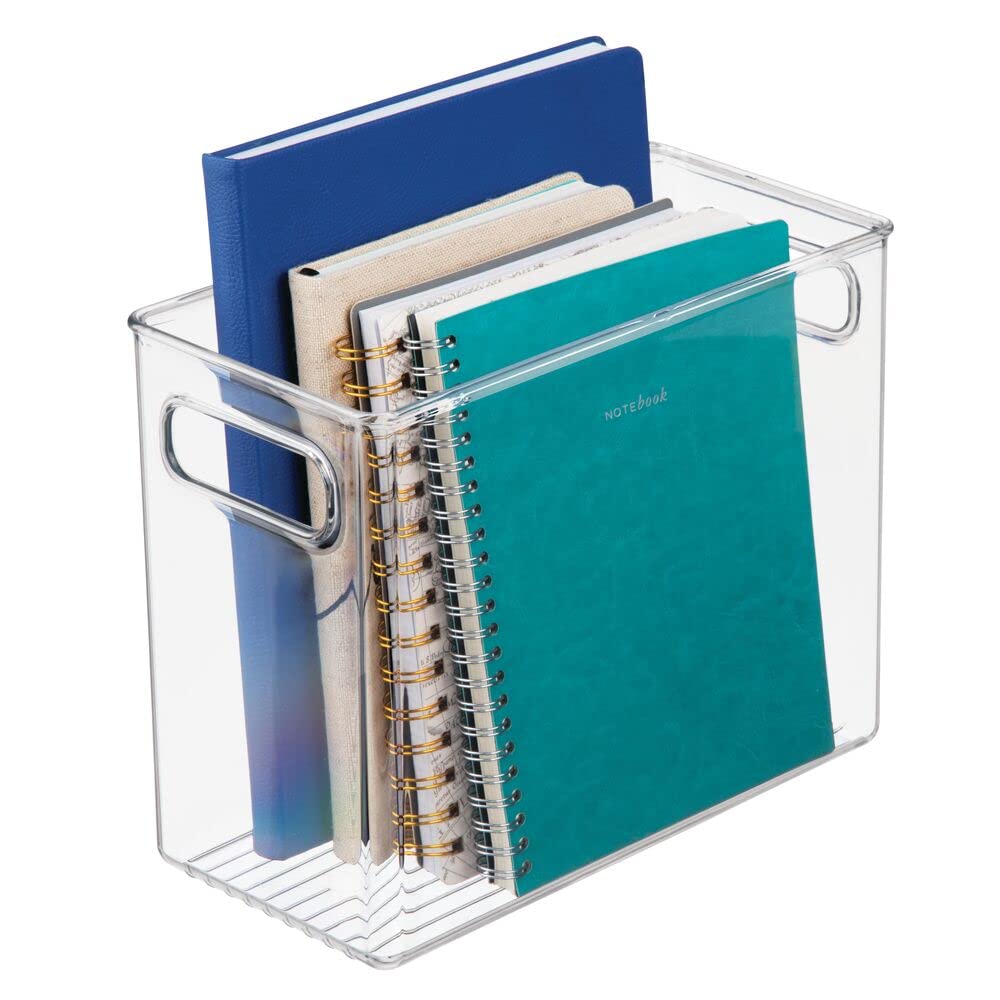 mDesign Clear Plastic Storage Organizer Bin Set of 8 - Tall Office Desk Organizer for Filing Cabinet, Cupboard & Shelves - Perfect for Pens, Pencils, Highlighters, Notepads & School/Office Supplies - Ideal for Home Office, Classroom & Workspace Organization