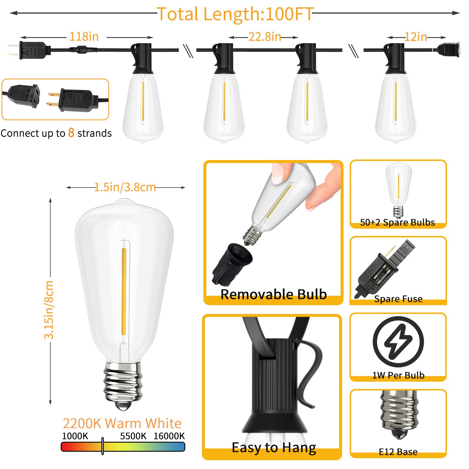 Svater 100ft Outdoor String Lights - 52 Waterproof Shatterproof LED Bulbs (Includes 2 Spare) | Connectable Patio Lights for Backyard, Garden, Porch & Outdoor Decor | Perfect for Parties, Weddings & Evening Ambiance