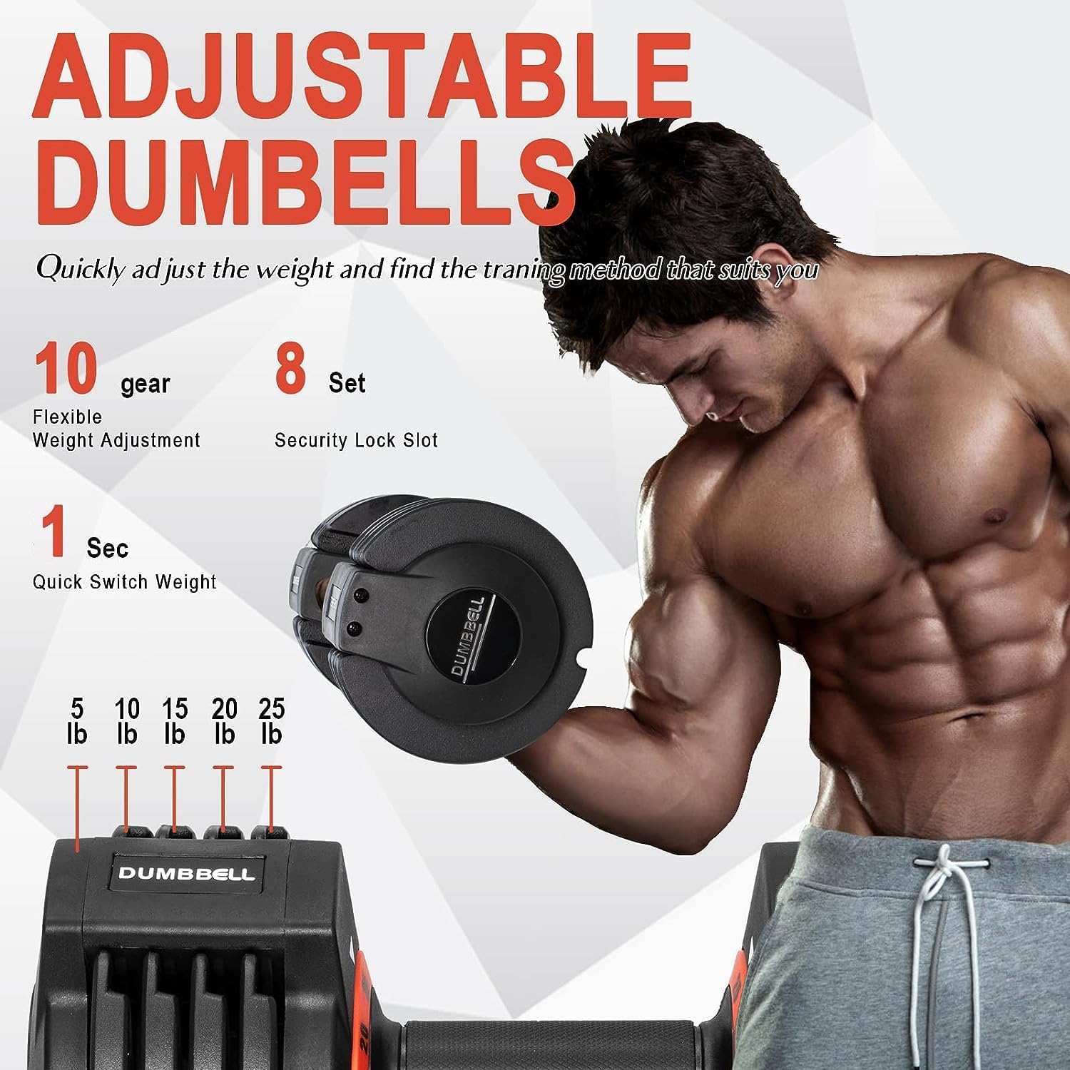 25/55LB Adjustable Dumbbell Set - 5-in-1 Home Gym Weights with Anti-Slip Metal Handle for Strength Training, Muscle Building & Full Body Workout - Perfect for Home Fitness, CrossFit & Weight Lifting