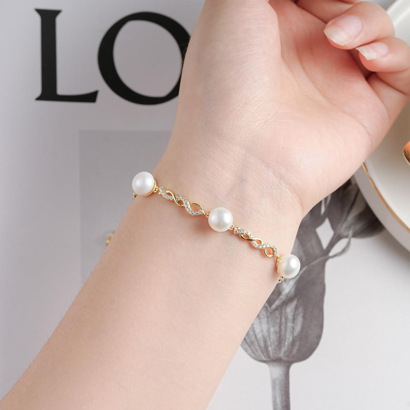 Elegant Sterling Silver & Gold Plated Freshwater Pearl Bracelet for Women - Handmade Infinity Design Jewelry for Weddings, Parties & Gifts