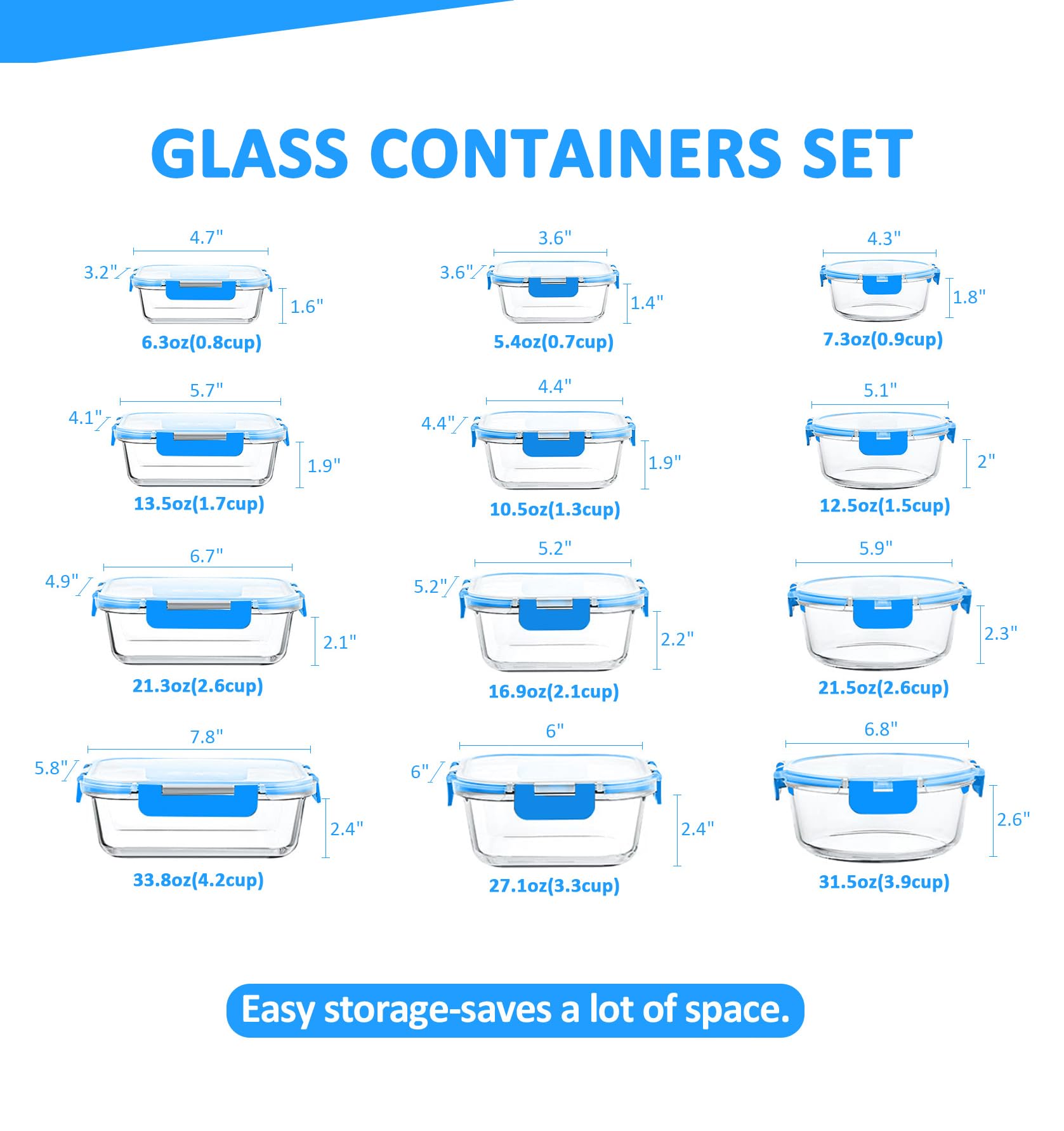 24-Piece Glass Food Storage Containers Set - Airtight, Stackable Meal Prep Containers with Lids | Freezer, Microwave & Oven Safe | BPA-Free | Perfect for Meal Prepping, Leftovers & Kitchen Organization (Blue)