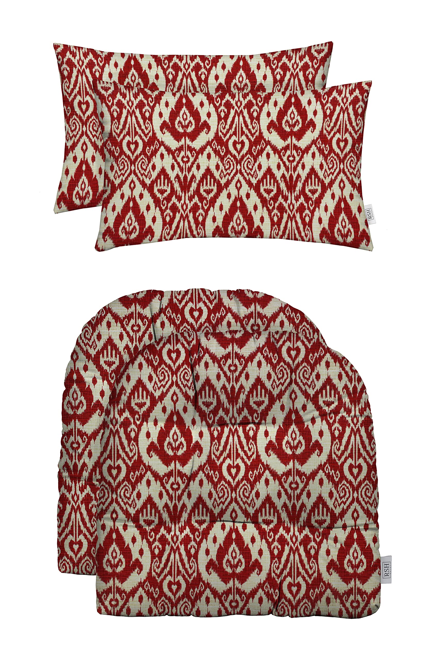 RSH DECOR: Tufted U-Shaped & Lumbar Pillows Set of 2 (19x19 & 20x12 Inch) - Water-Resistant Spun Fabric Outdoor Cushions for Patio Furniture - Ashmore Red - Perfect for Garden, Poolside & Deck Lounge Chairs