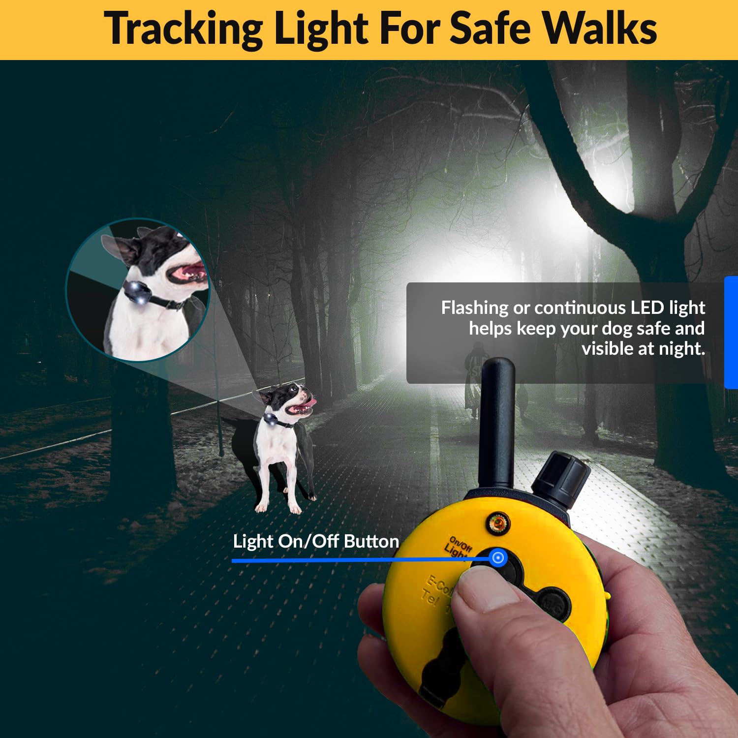 Humane Dog Training Collar with Remote - 100 Safe Stimulation Levels, Waterproof & Rechargeable E-Collar for Small to Medium Dogs (3/4 Mile Range, Night Light, Yellow) - Perfect for Obedience Training, Bark Control & Outdoor Adventures