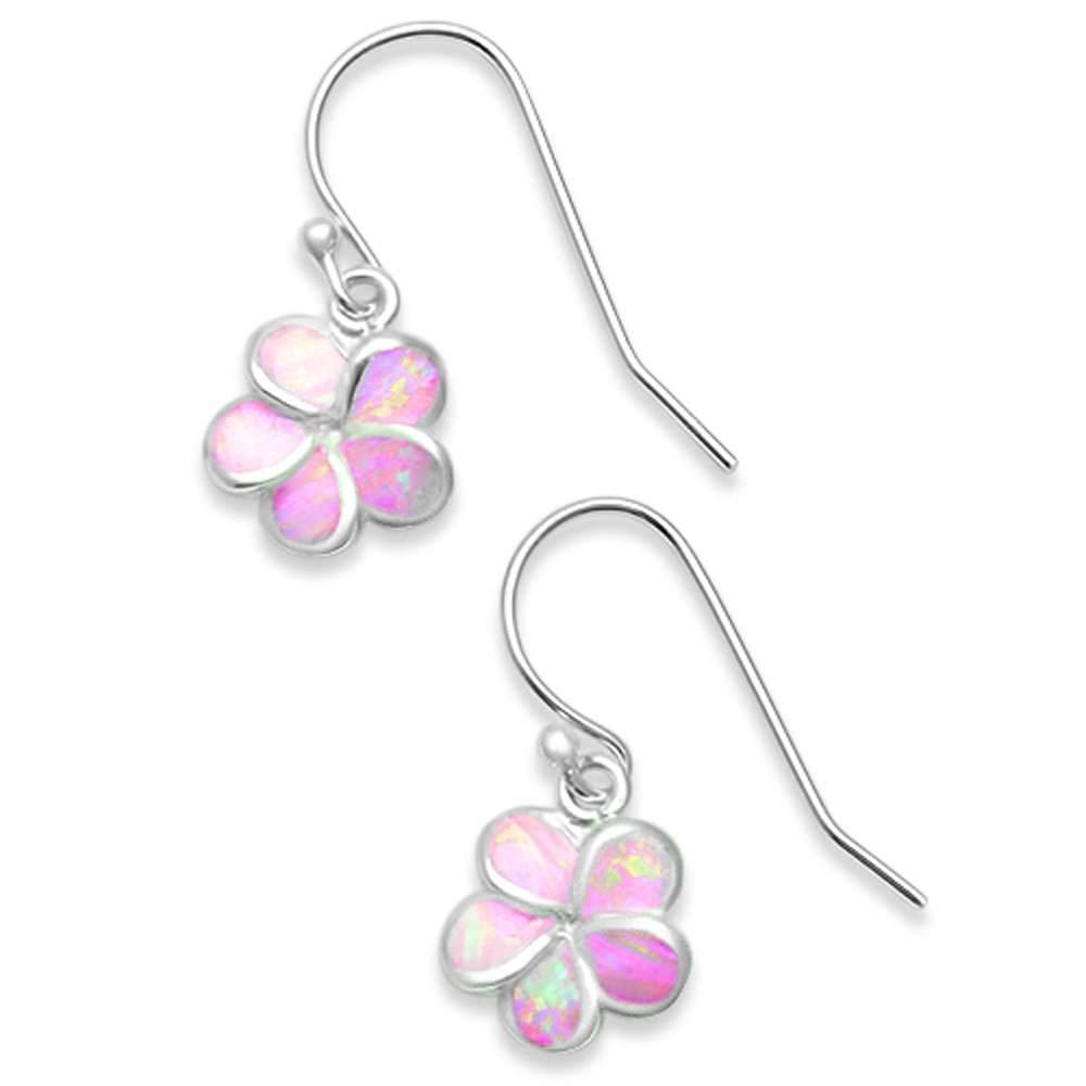 Pink Simulated Opal Plumeria Fishhook Earrings - Sterling Silver Hawaiian Flower Dangle Earrings for Women - Perfect for Beach Vacations, Summer Parties & Boho Fashion