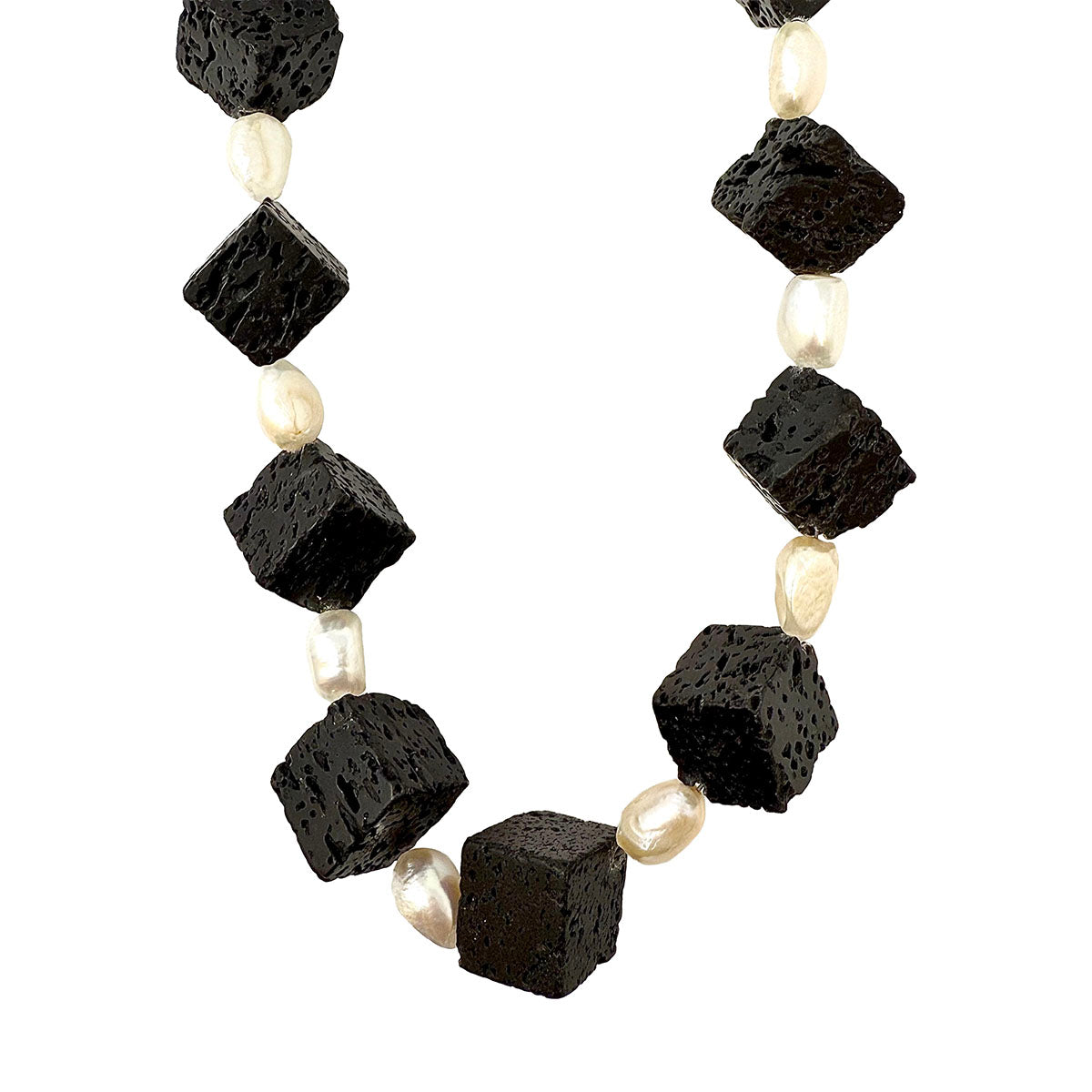 26 Black Lava Stone Cube Beads & Freshwater Pearl Necklace for Women - Elegant Boho Chic Jewelry for Everyday Wear, Date Night and Special Occasions