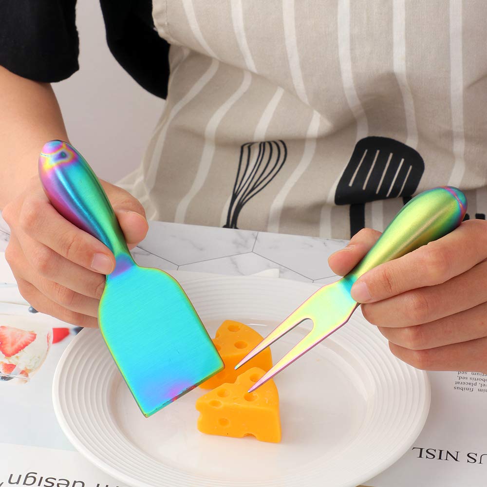 Buyer Star Rainbow 4-Piece Stainless Steel Cheese Knife Set - Mini Charcuterie Board Accessories with Gift Box - Perfect for Cheese Platters, Wine Parties & Housewarming Gifts