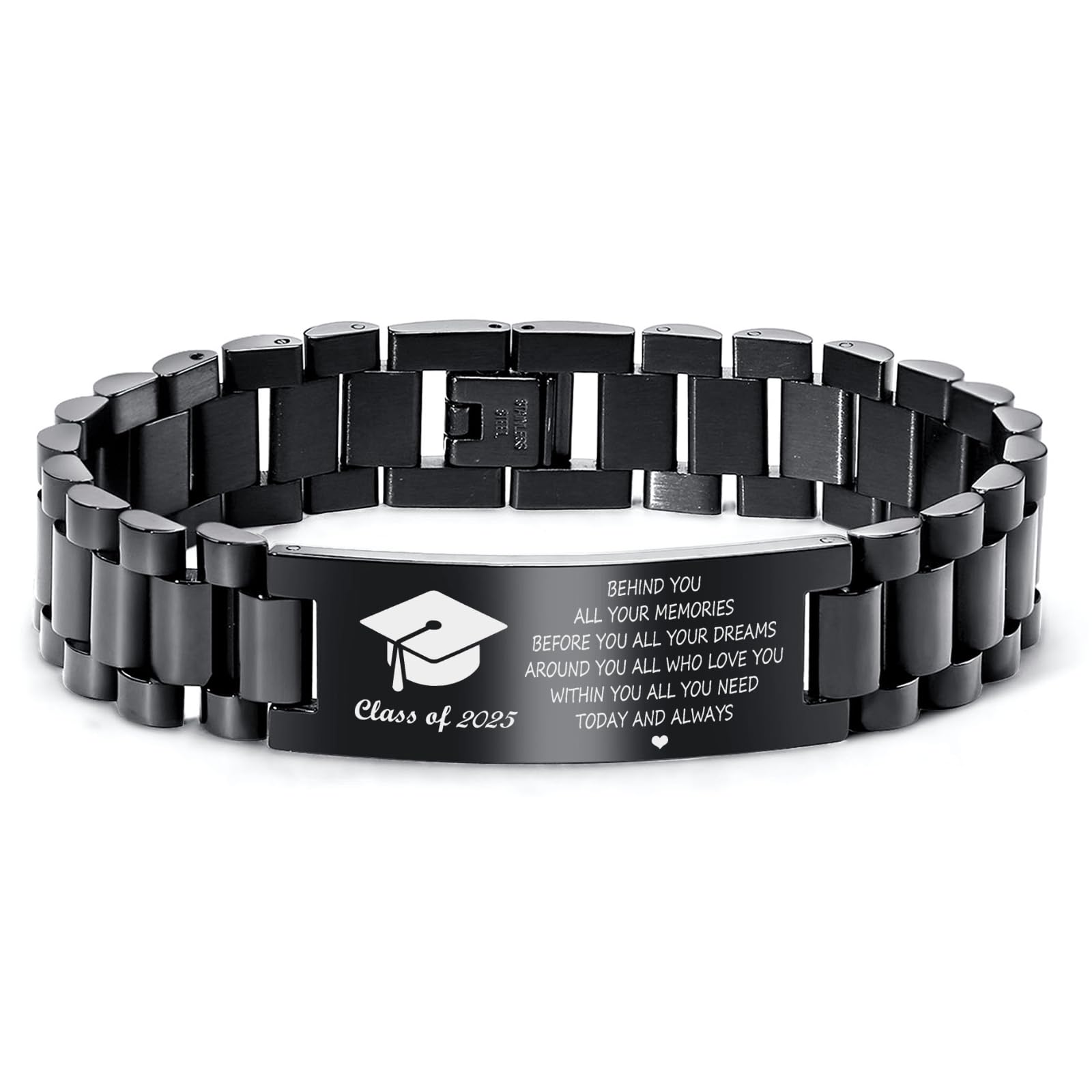 Custom Graduation Bracelet for Him - Inspirational Stainless Steel Link Bracelet Gift for College Graduates, Class of 2025 - Perfect Graduation Gift for Son, Boyfriend or Husband - Ideal for Commencement Ceremonies & Celebrations
