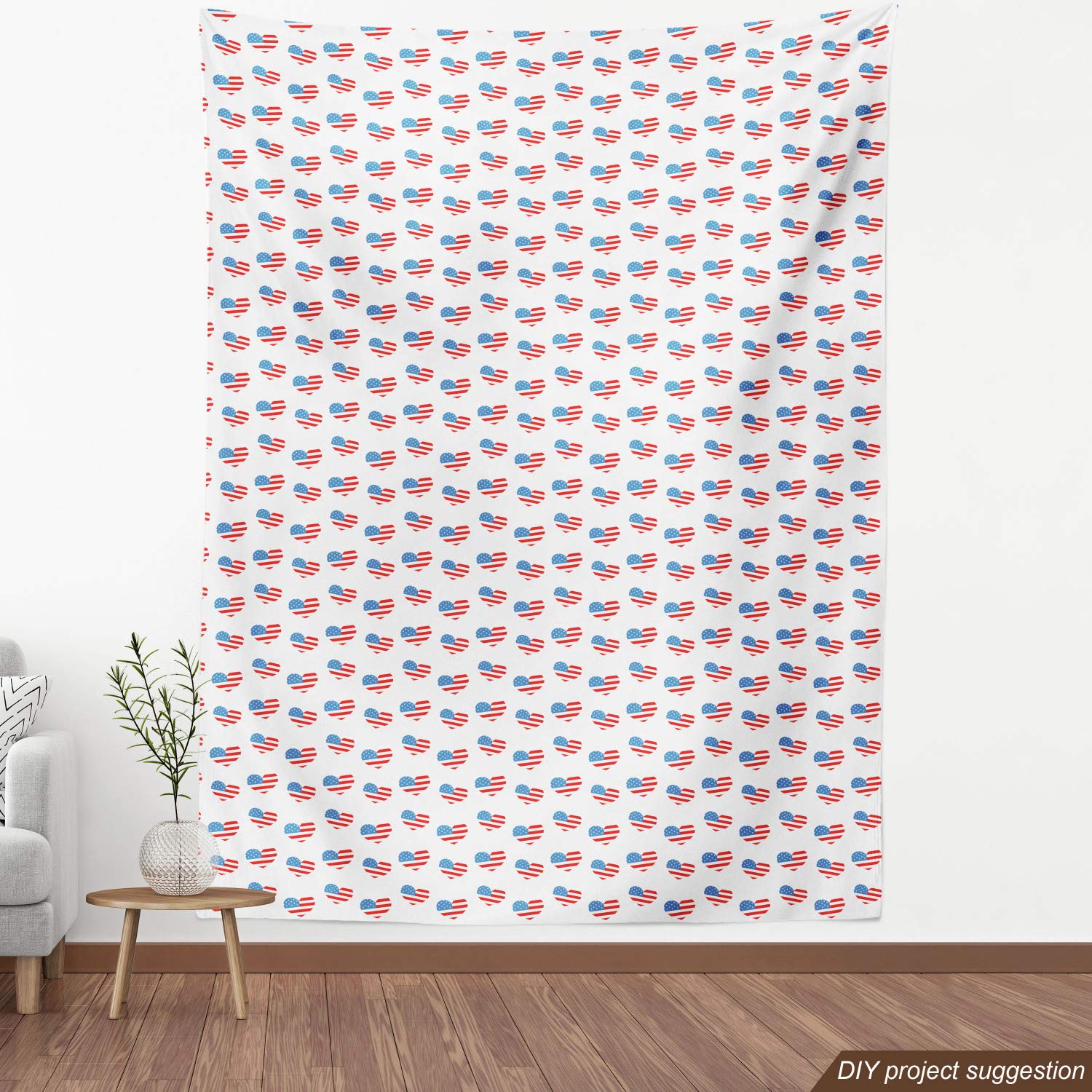 Lunarable Patriotic Americana Fabric by The Yard - Red White & Blue Hearts Independence Day Memorial Celebration Design for Upholstery, DIY Crafts & Home Decor (1 Yard, Vermilion Blue White) - Perfect for 4th of July Party Decorations, Quilting Projects & Patriotic Home Accents