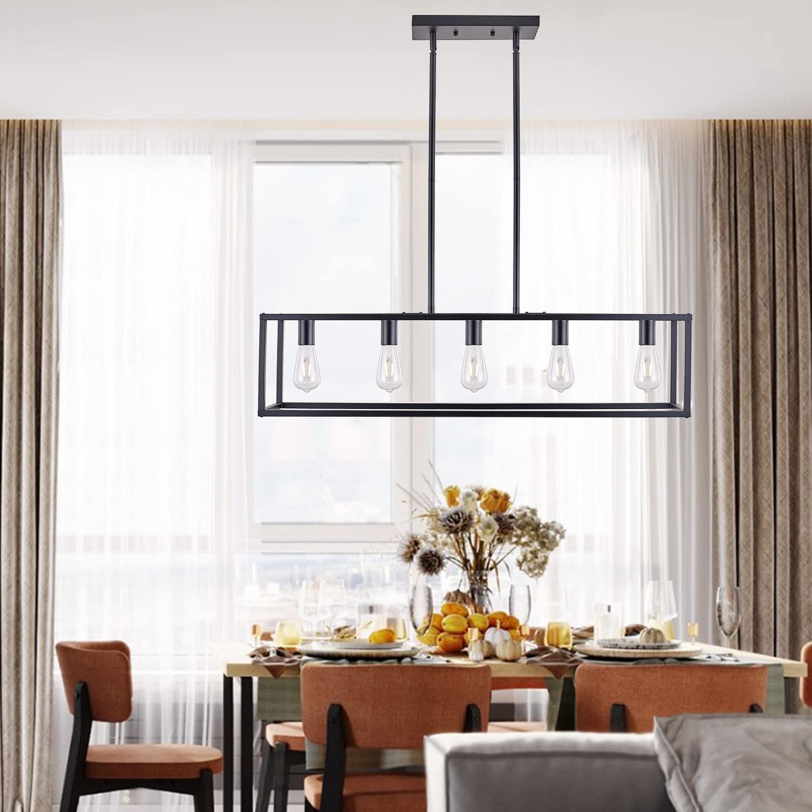 Farmhouse Rectangle Chandelier - Matte Black 5-Light Industrial Pendant Lighting for Dining Room & Kitchen | Rustic Ceiling Light Fixture Perfect for Farmhouse, Industrial & Modern Decor