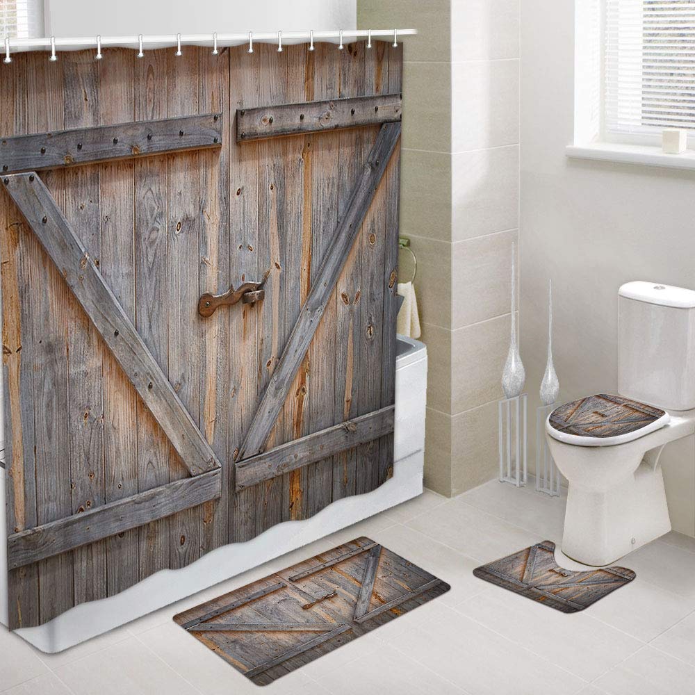 Rustic Wooden Barn Door Shower Curtain and Bath Mat Set - 69x70 Inch Bathroom Decor with Hooks, Contour Rug, Toilet Lid Cover - Perfect for Farmhouse, Vintage, and Country Style Bathrooms