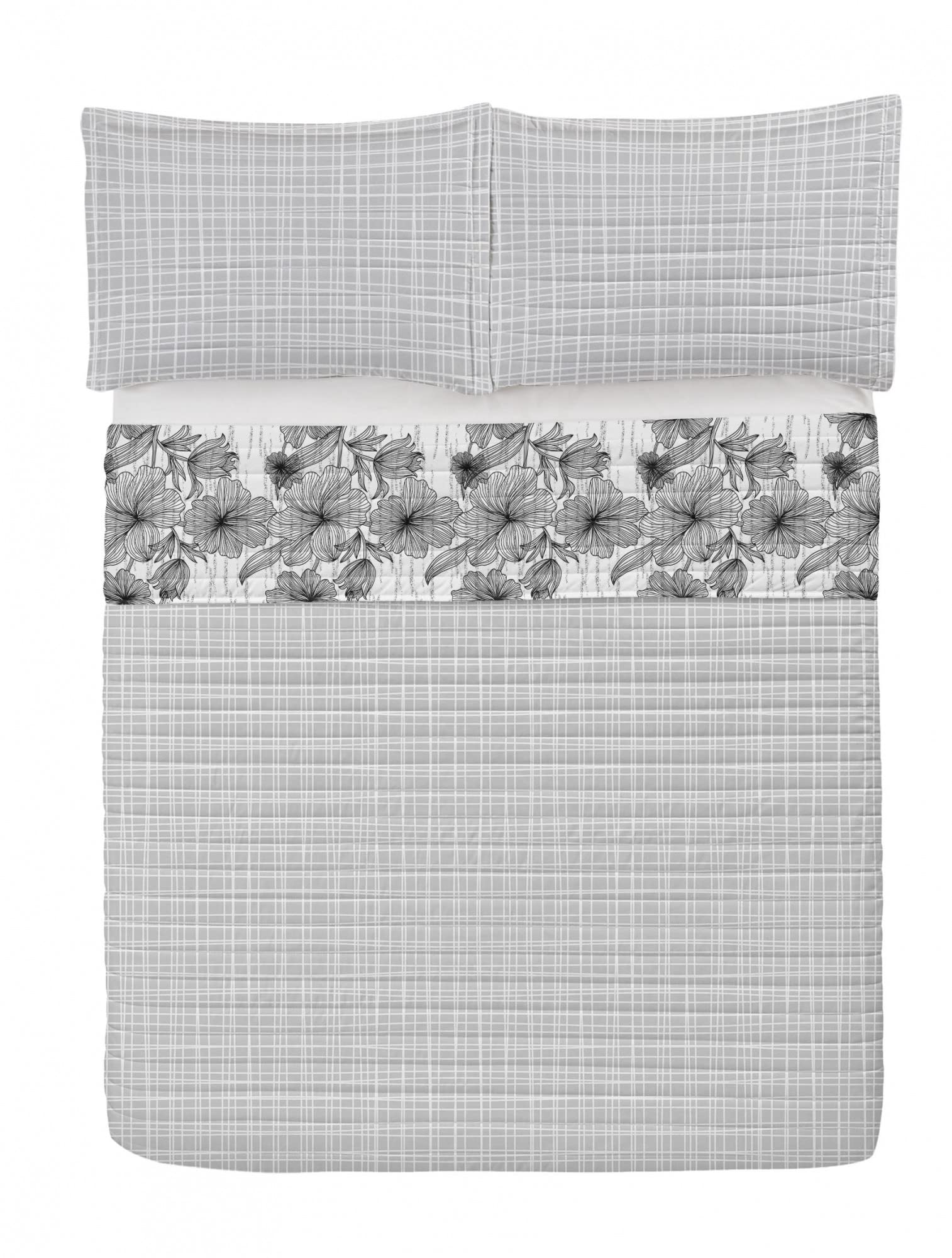 Ambesonne Floral Reversible Queen Size Bedspread Set - Monochrome Hand Drawn Wild Spring Flowers Design with Pillow Shams & Comforter - Soft Microfiber Bedding in Black & White - Perfect for Spring Home Decor & Guest Room Makeover