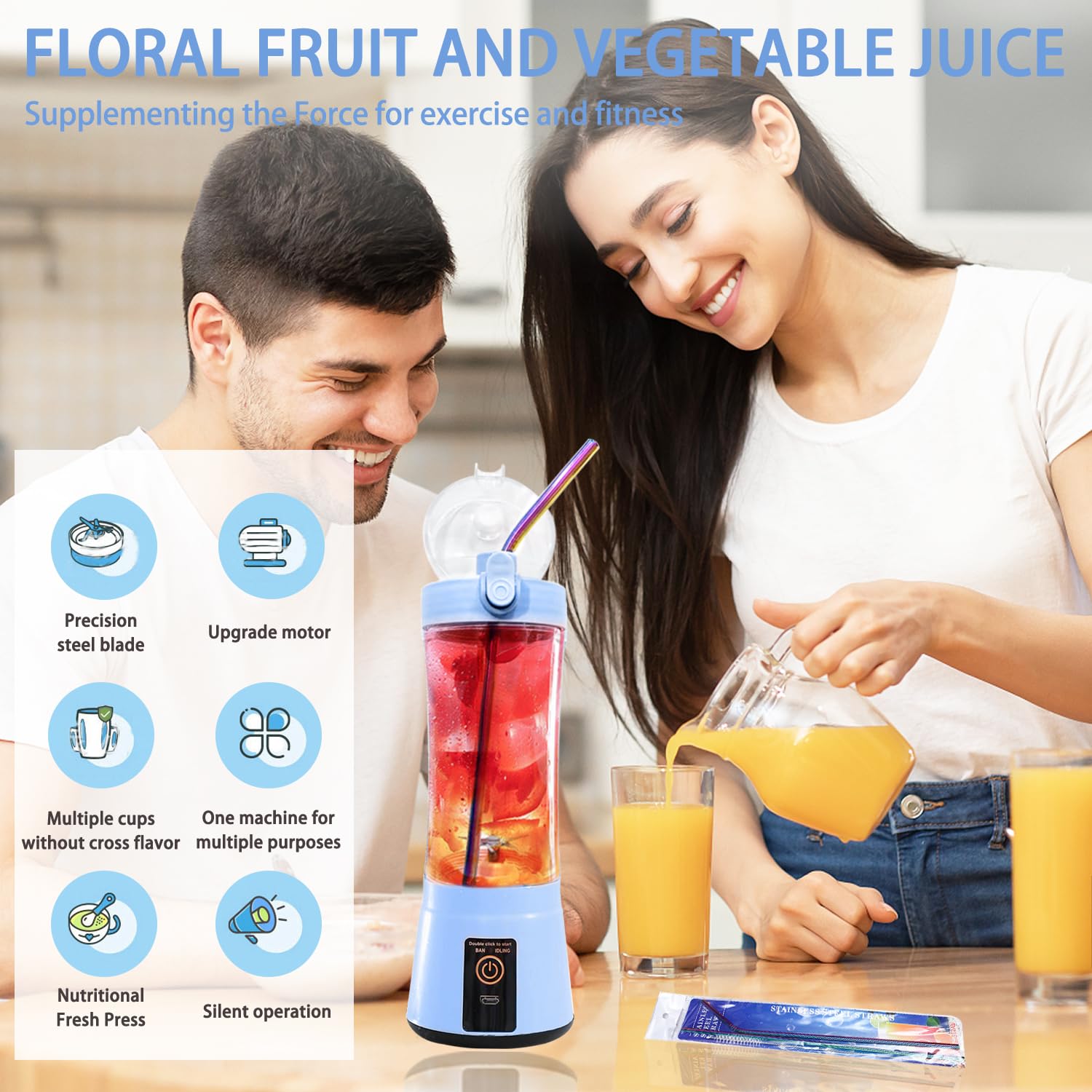 13.5oz Portable USB Rechargeable Blender - Mini Personal Smoothie Maker & Juicer Cup for Shakes, Juices, Protein Drinks | Home, Office, Gym, Travel & Outdoor Use | Compact, Leak-Proof & Protective Design (Model BM1-B1)